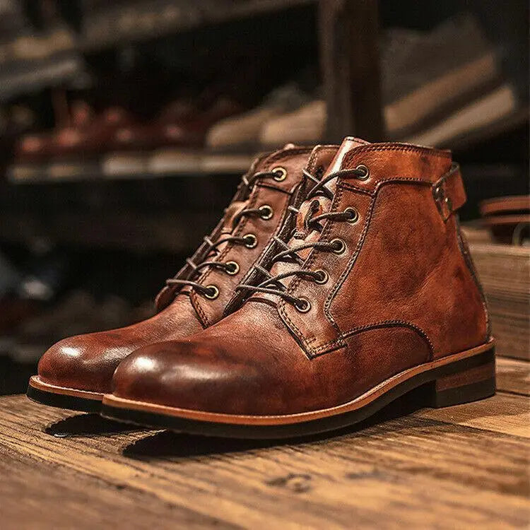 Optew Men's Leather Ankle Boots Lace-Up Comfort Durable Black