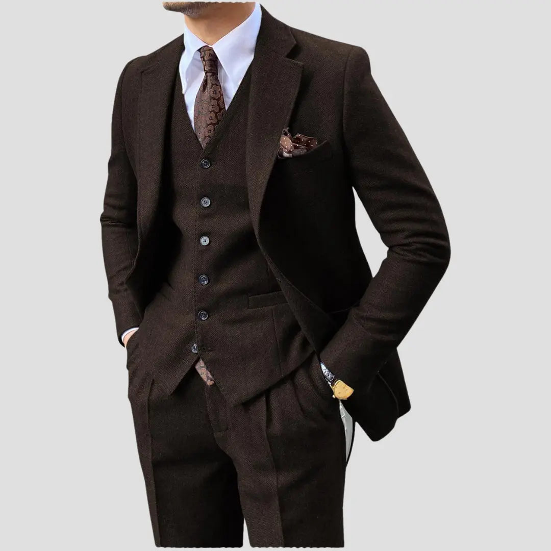 Optew Men's Slim Suit Blended Fabric Three-Piece with Coordinated Vest