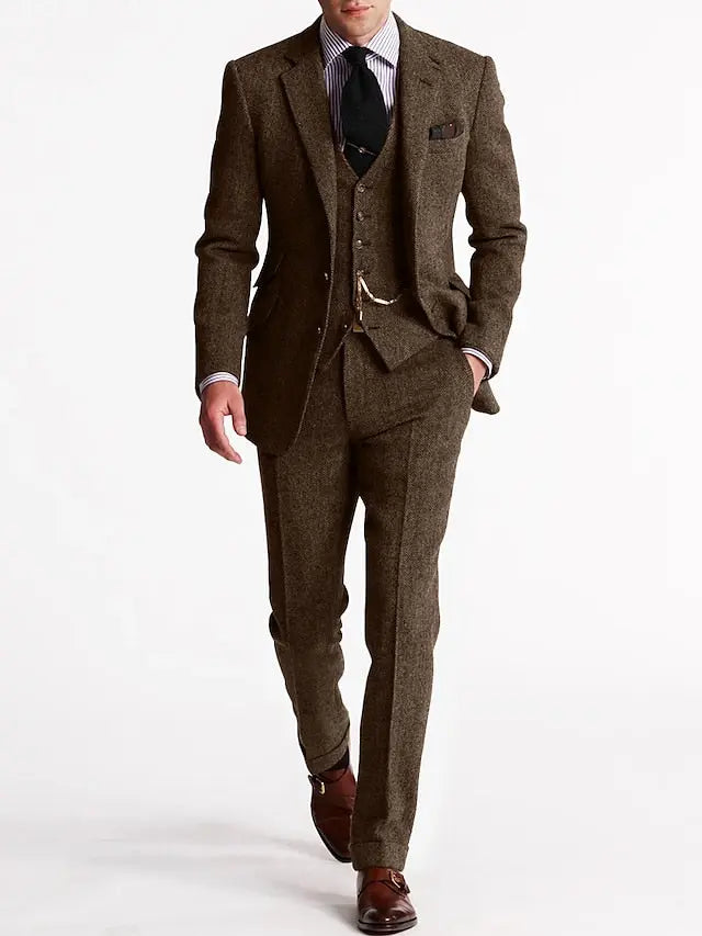 Optew Men’s 3-Piece Tuxedo – Classic Tweed Tailored Suit