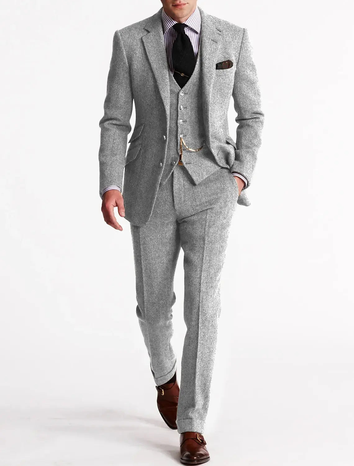 Optew Men’s Three-Piece Tweed Tuxedo – Classic Tailored Suit Set