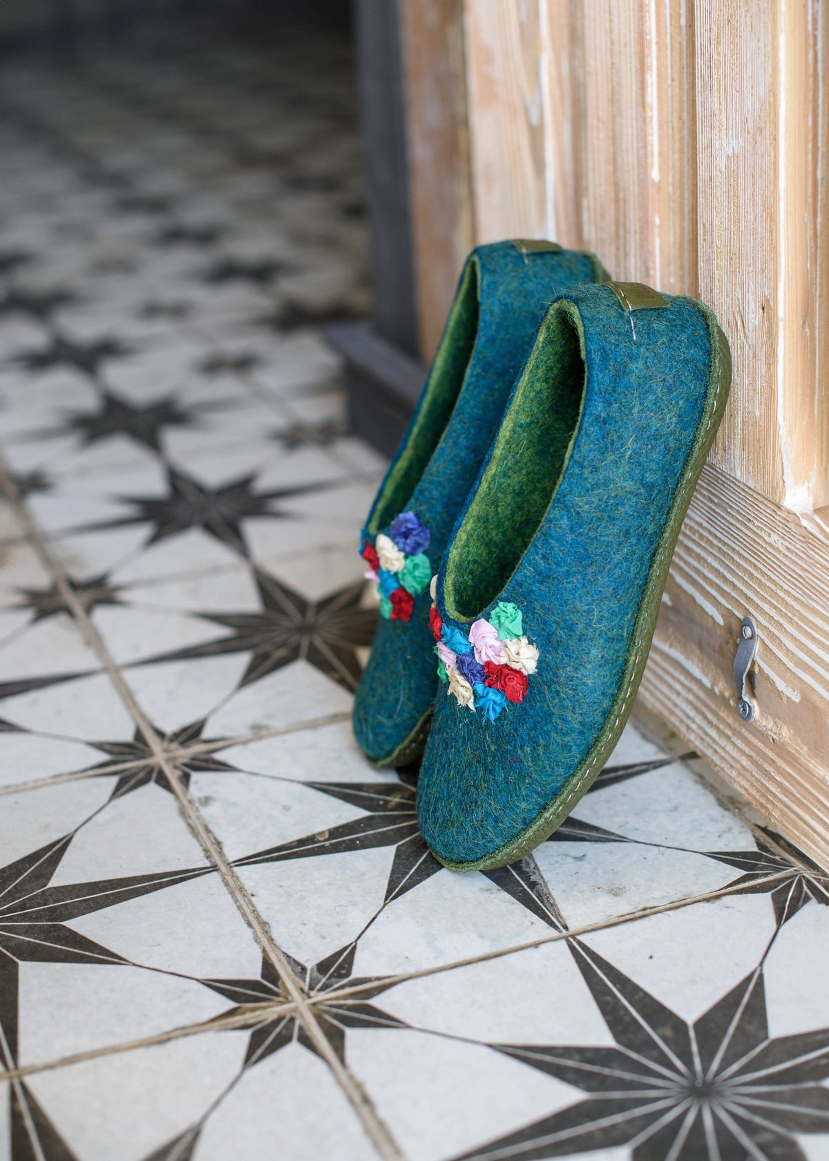 Women's Turquoise/Green SILK Felted Wool House Slippers