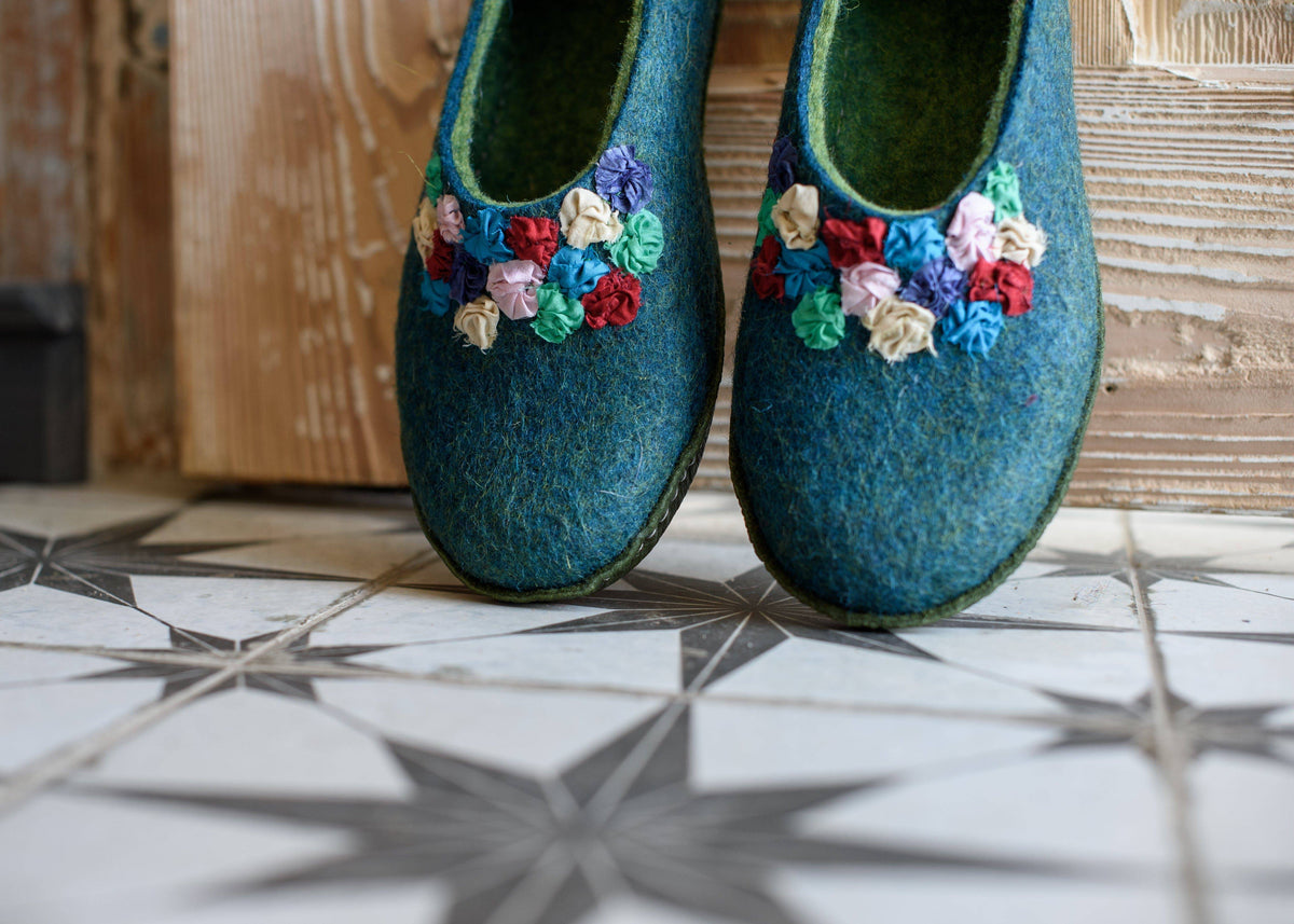 Women's Turquoise/Green SILK Felted Wool House Slippers