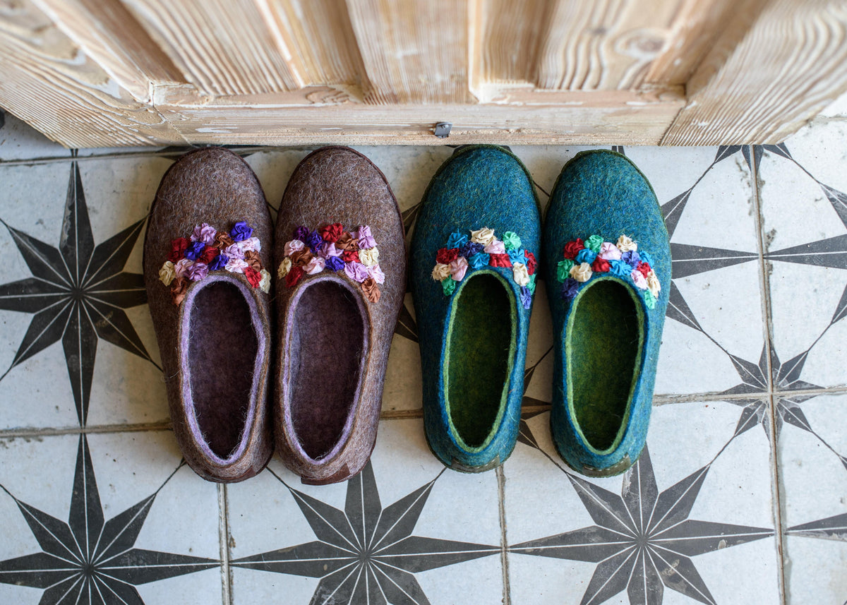 Women's Turquoise/Green SILK Felted Wool House Slippers