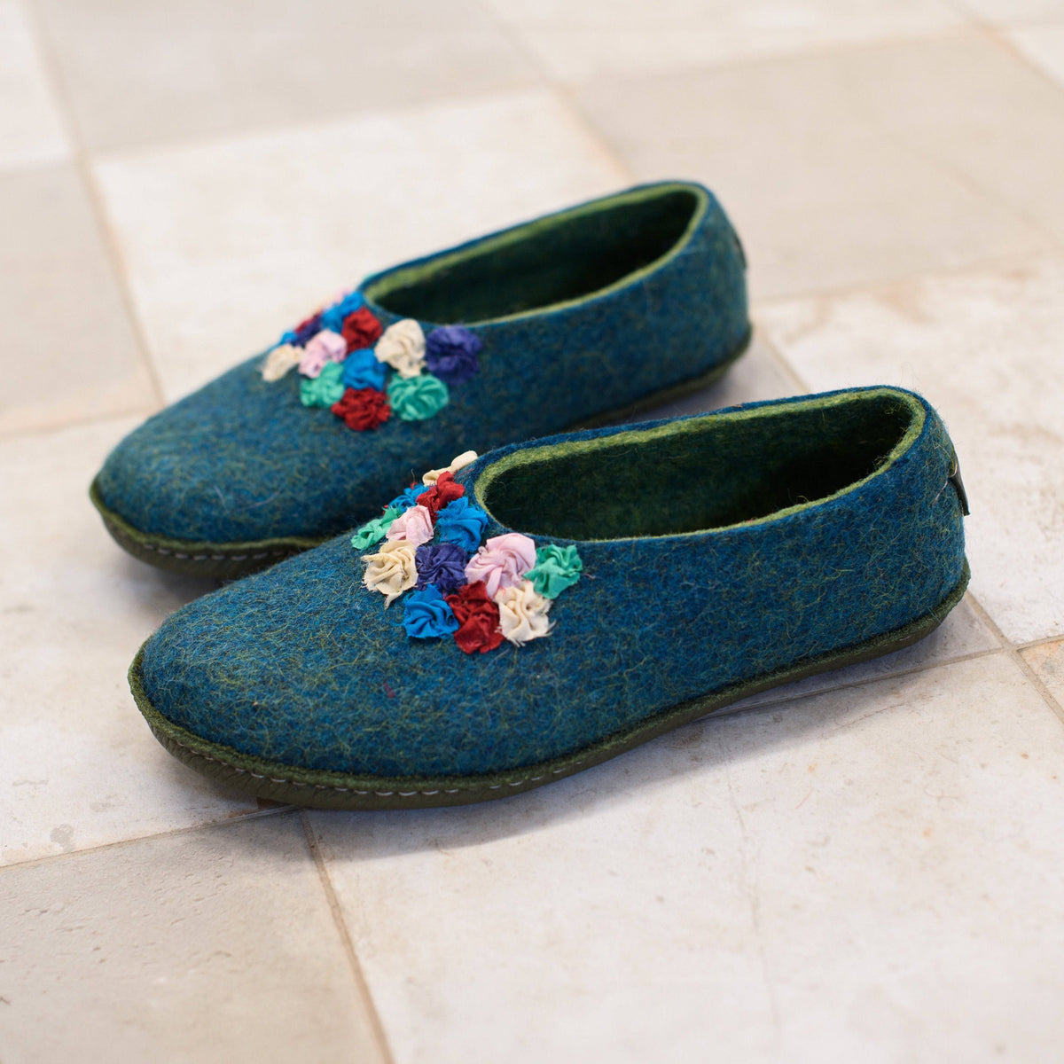 Women's Turquoise/Green SILK Felted Wool House Slippers