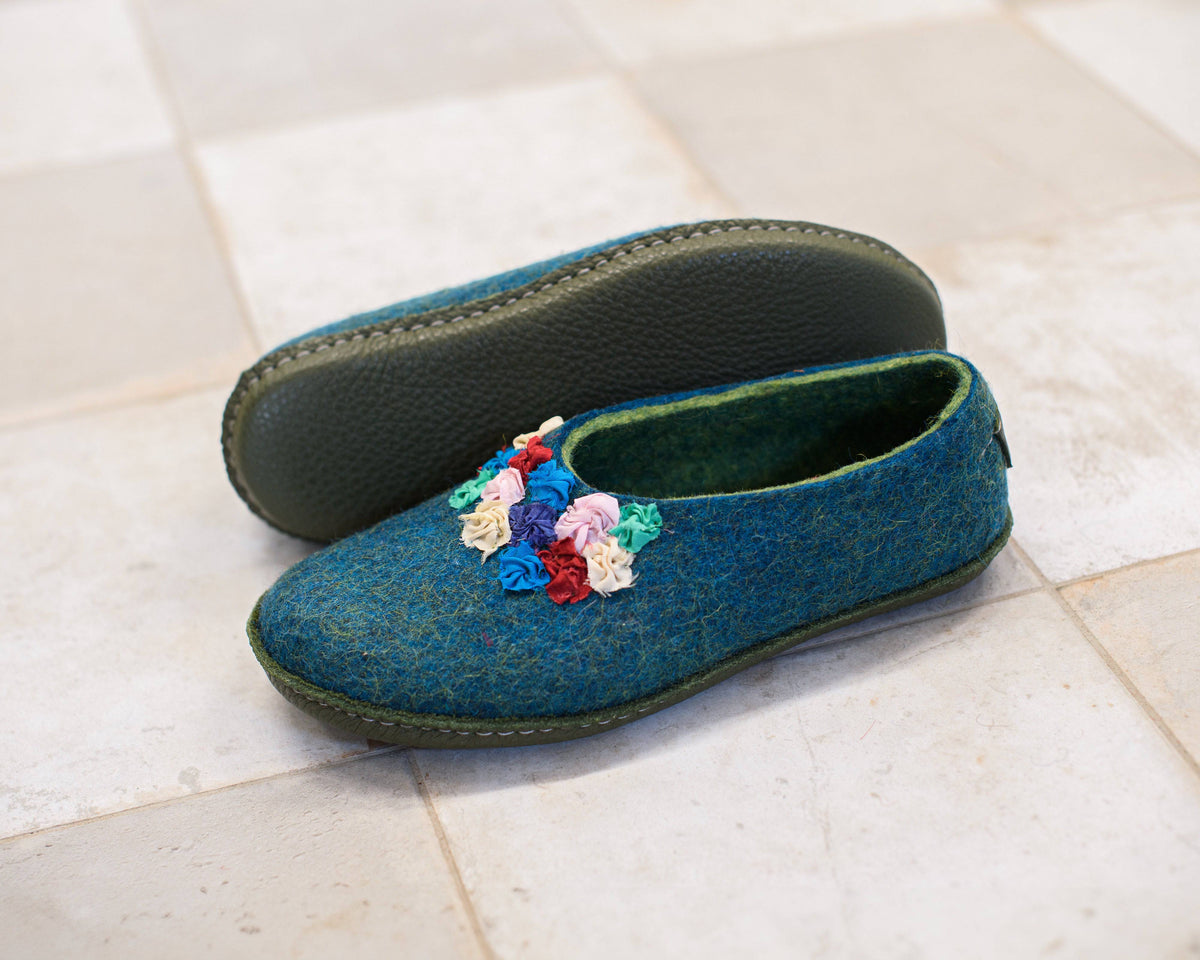 Women's Turquoise/Green SILK Felted Wool House Slippers