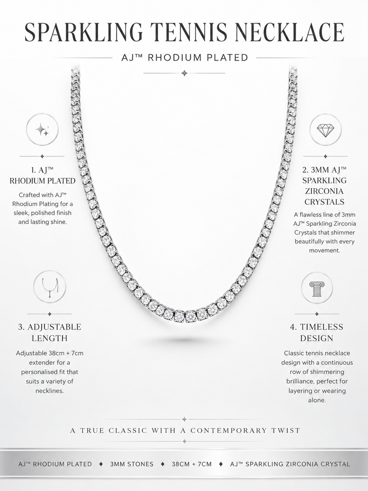 Optew Rhodium Plated Sparkling Tennis Necklace