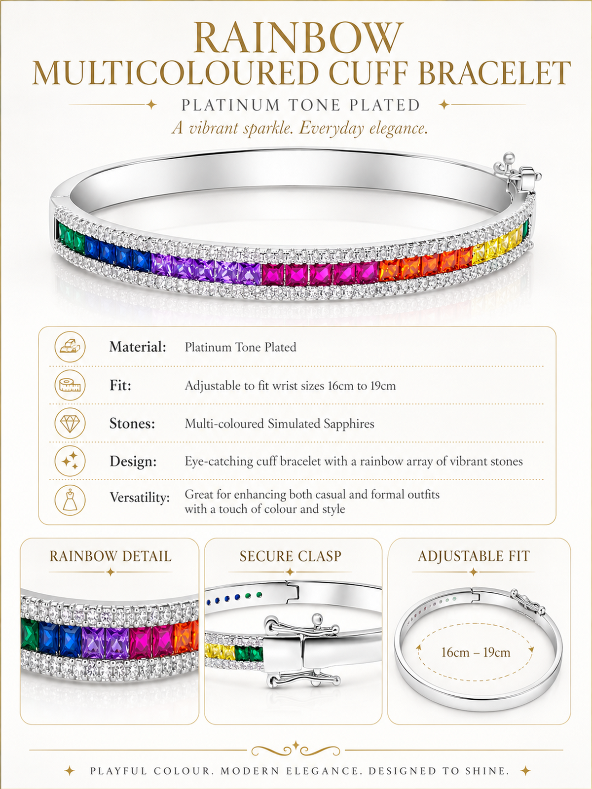 Platinum Tone Plated Rainbow Multicoloured Cuff Bracelet