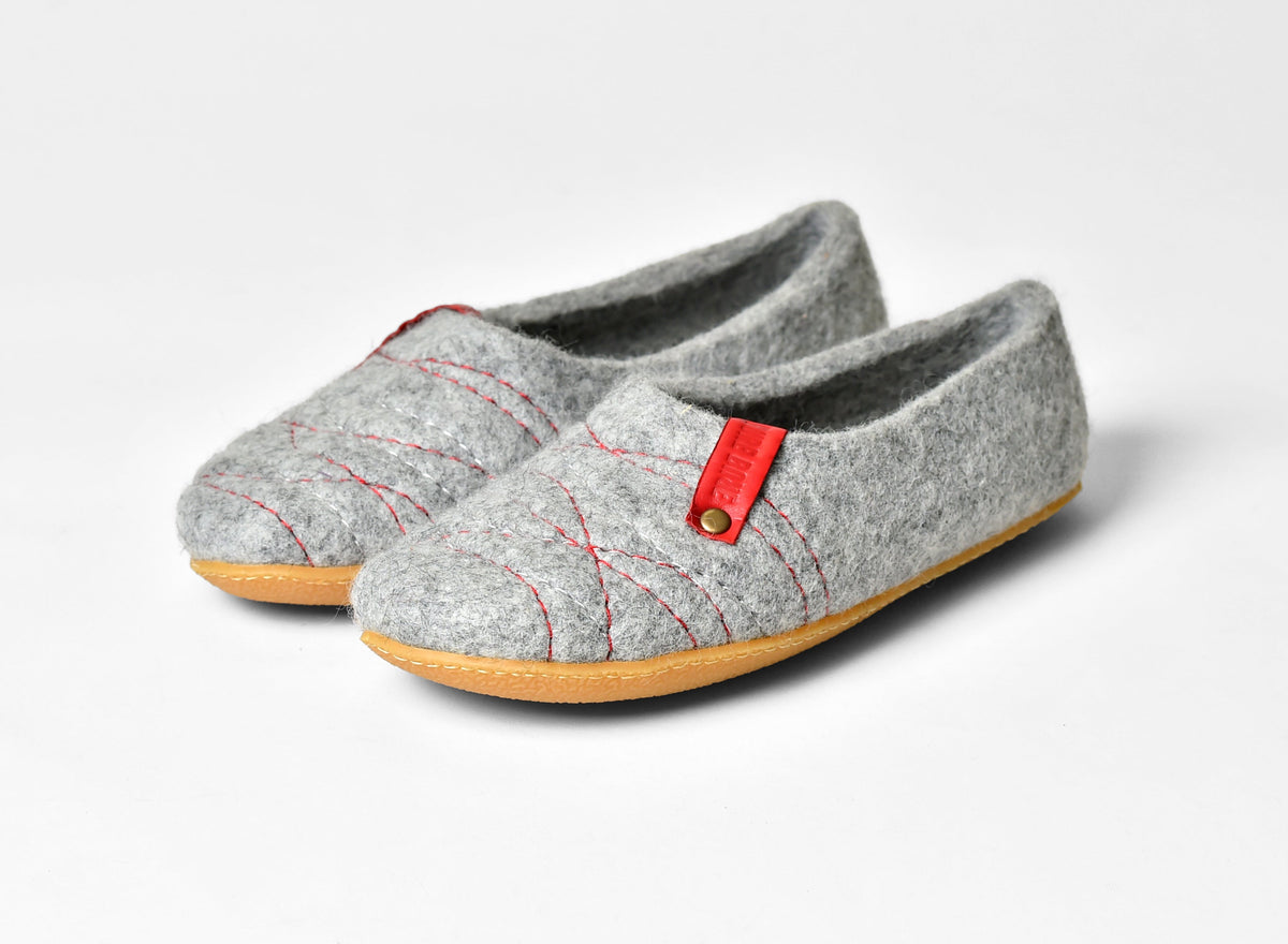 Women's Light Gray COCOON Slippers with Red Stitching