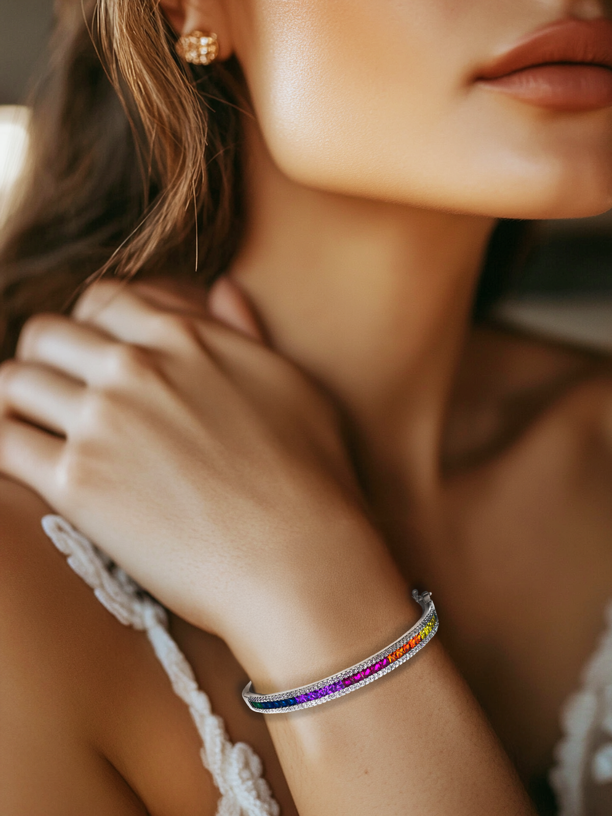 Platinum Tone Plated Rainbow Multicoloured Cuff Bracelet