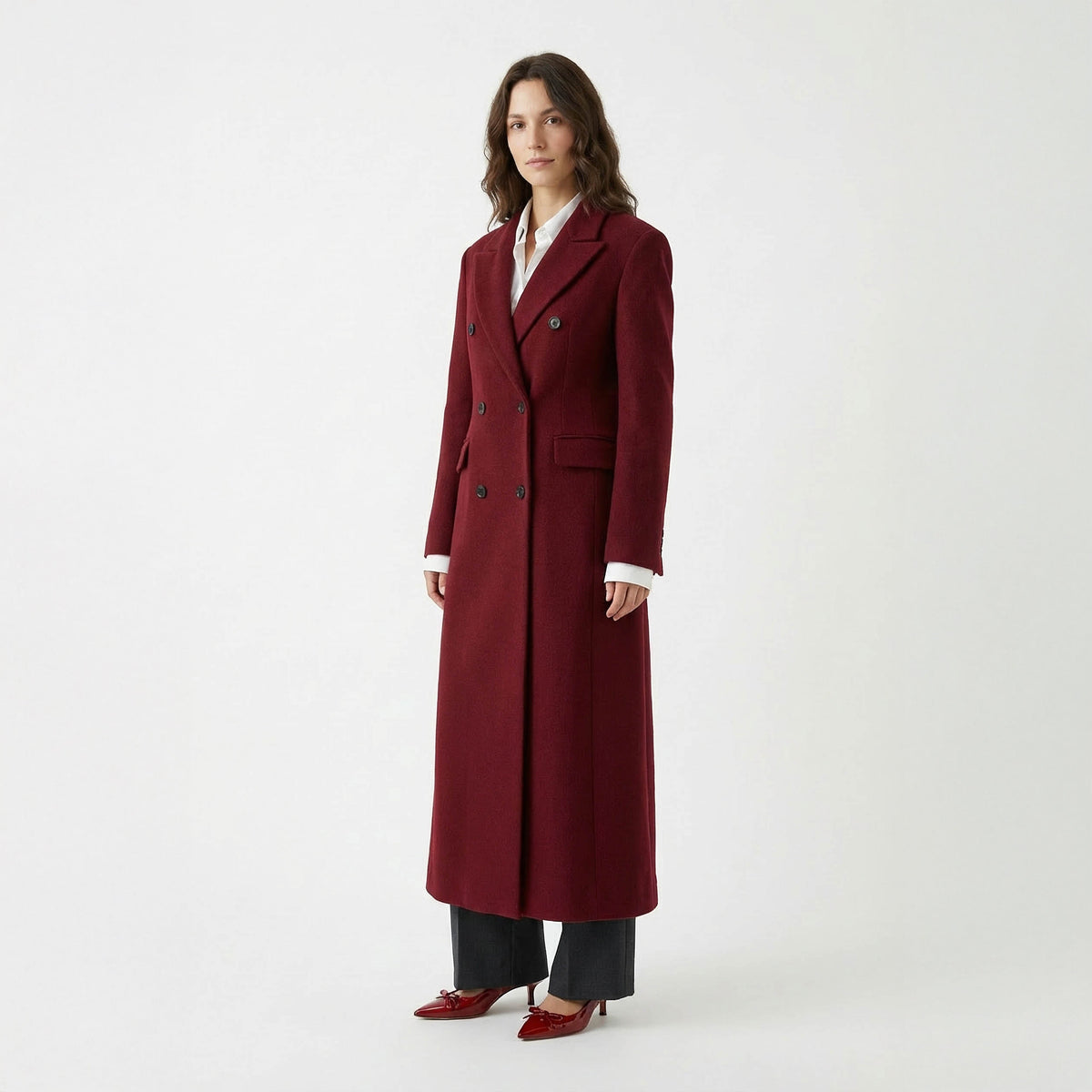 Ravenna Structured Double-Breasted Wool Coat - Deep Burgundy