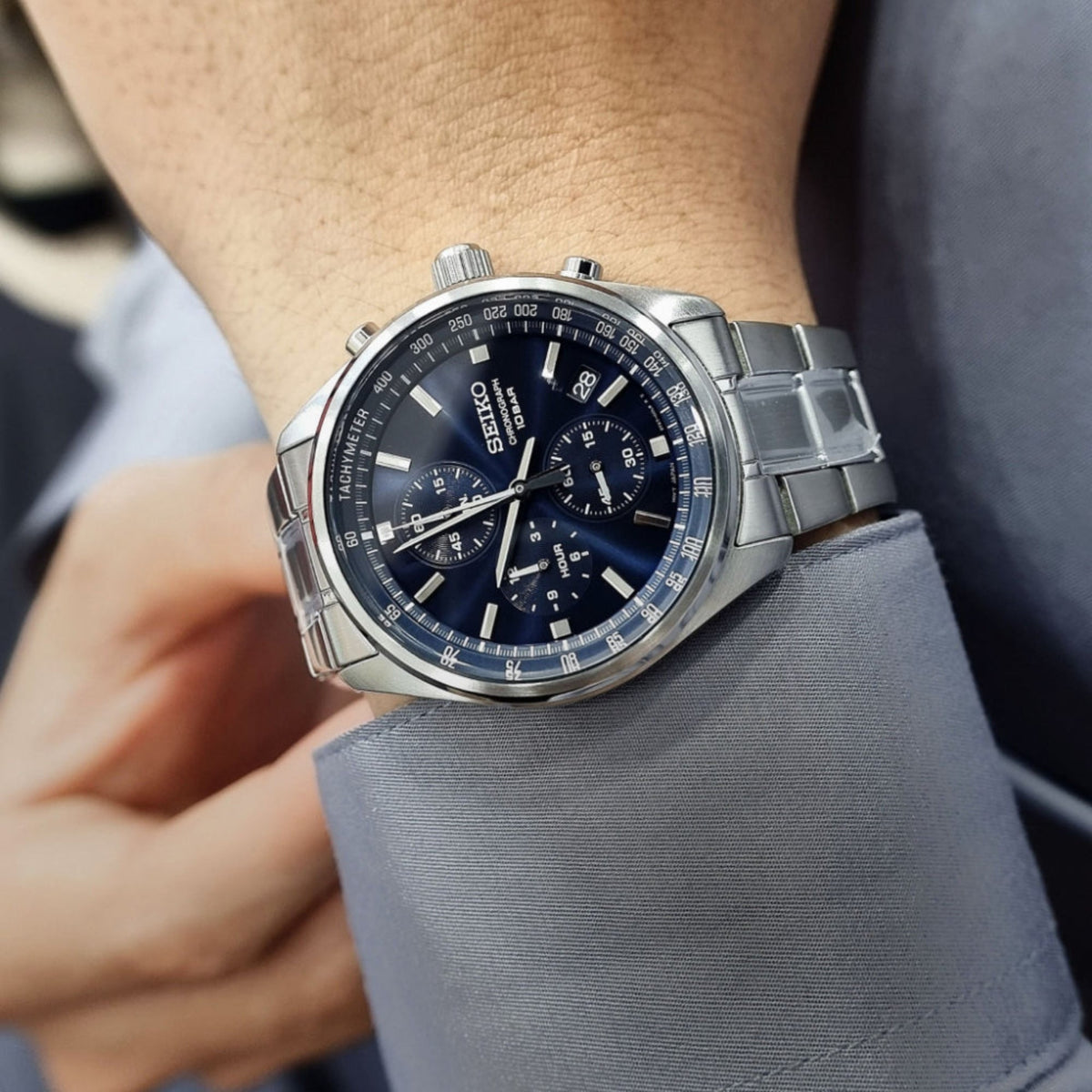 Seiko Essentials 41.5mm Chronograph Blue Dial Steel Men's Quartz Wristwatch SSB377P1