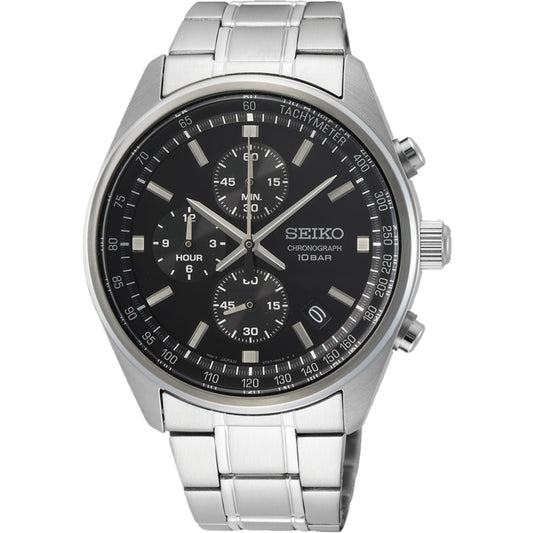 Seiko Essentials 41.5mm Chronograph Black Dial Steel Men's Quartz Wristwatch SSB379P1