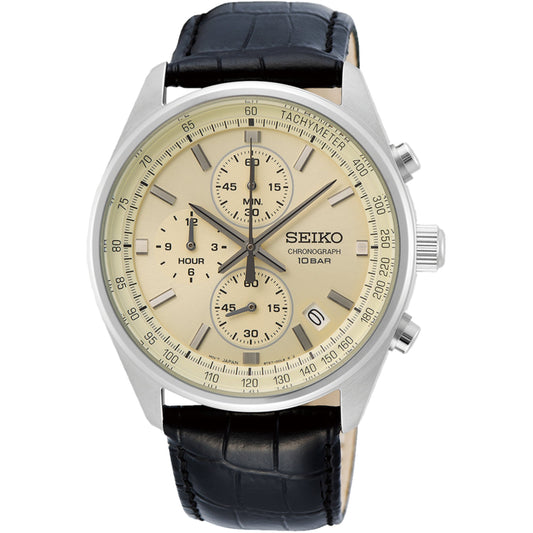 Seiko Essentials 41.5mm Chronograph Cream Dial Leather Mens Quartz Wristwatch SSB383P1