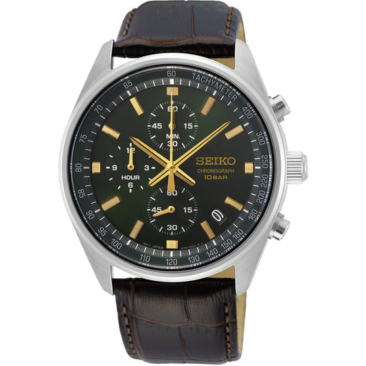 Seiko Essentials 41.5mm Chronograph Green Dial Leather Mens Quartz Wristwatch SSB385P1