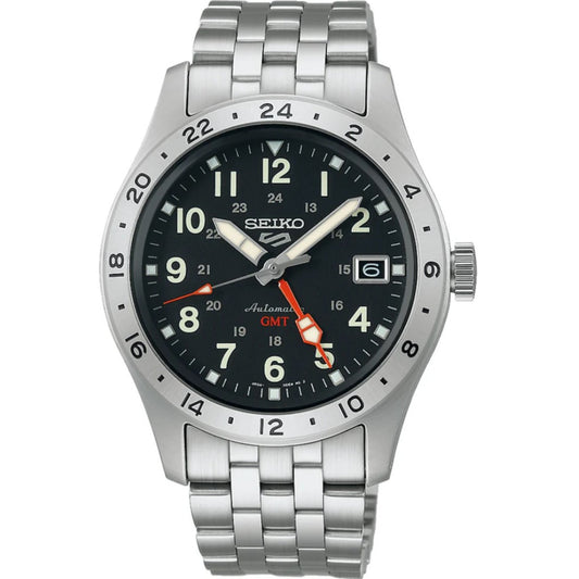 Seiko 5 Sports Field Deploy Mechanical GMT Automatic Black Dial Stainless Steel Bracelet Men's Wristwatch SSK023K1