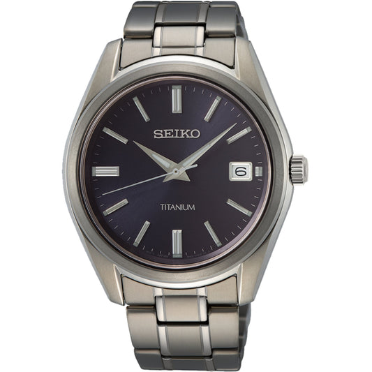 Seiko Essentials 40mm Blue Dial Titanium Mens Quartz Wristwatch SUR373P1
