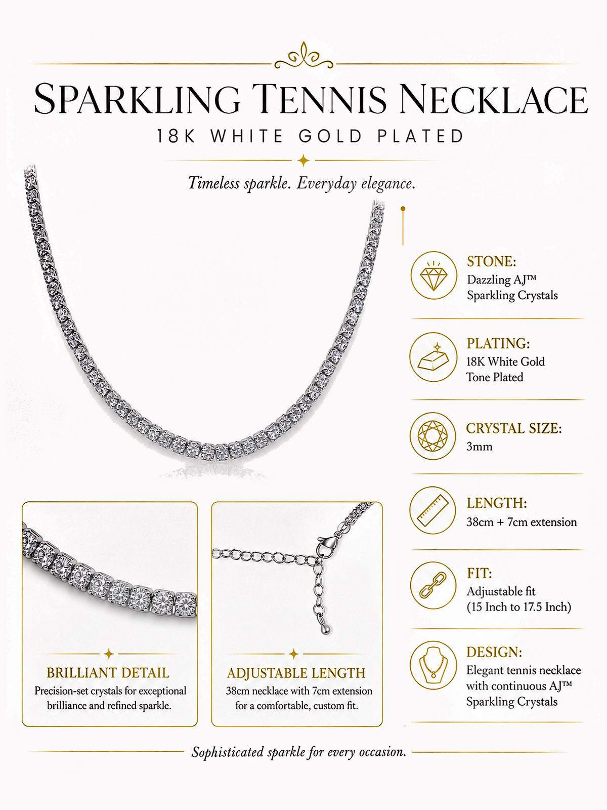 5ct Sparkling Tennis Necklace, 18K White Gold Plated