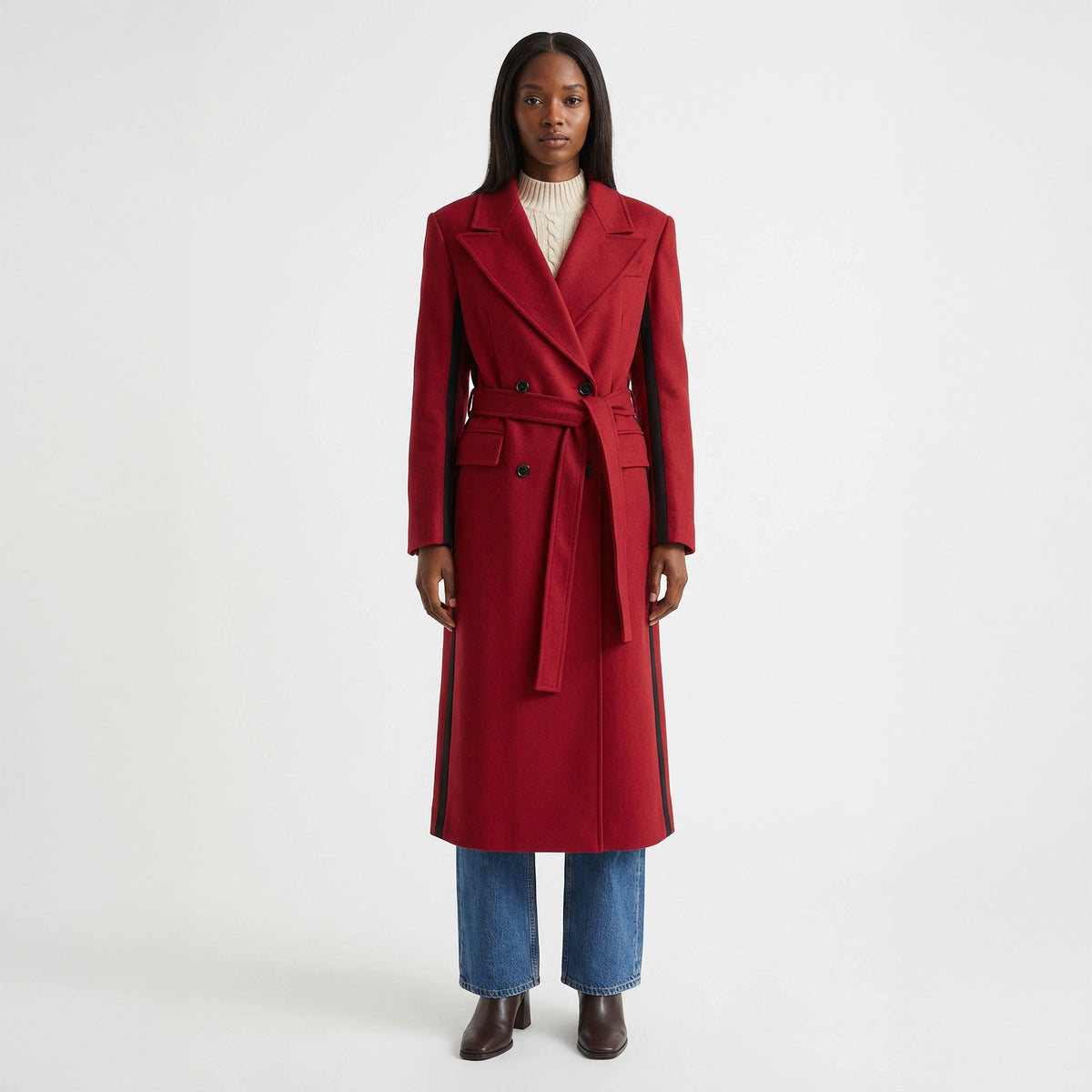 Two-Tone Red Wrap Coat with Black Contrast Side Panels