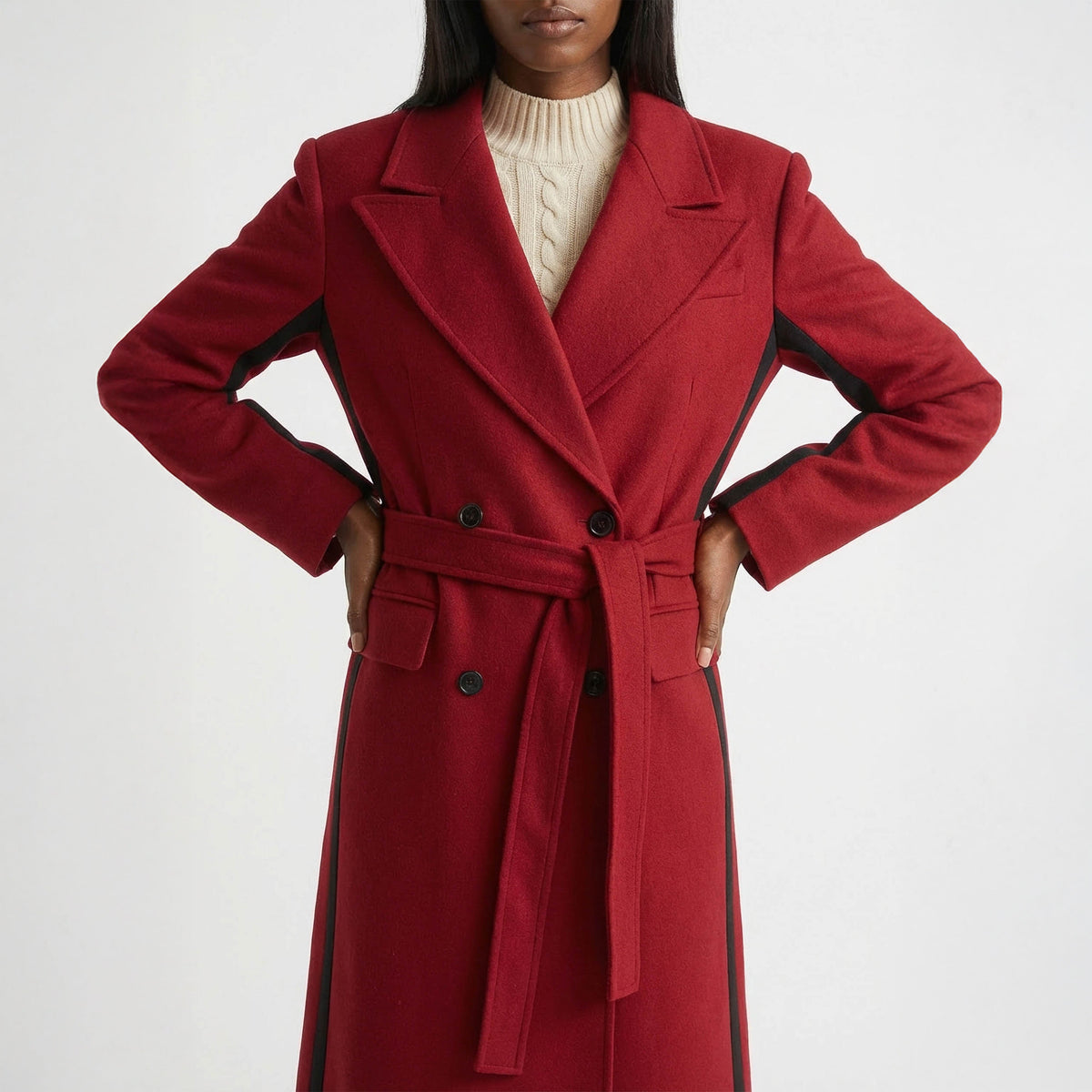 Two-Tone Red Wrap Coat with Black Contrast Side Panels