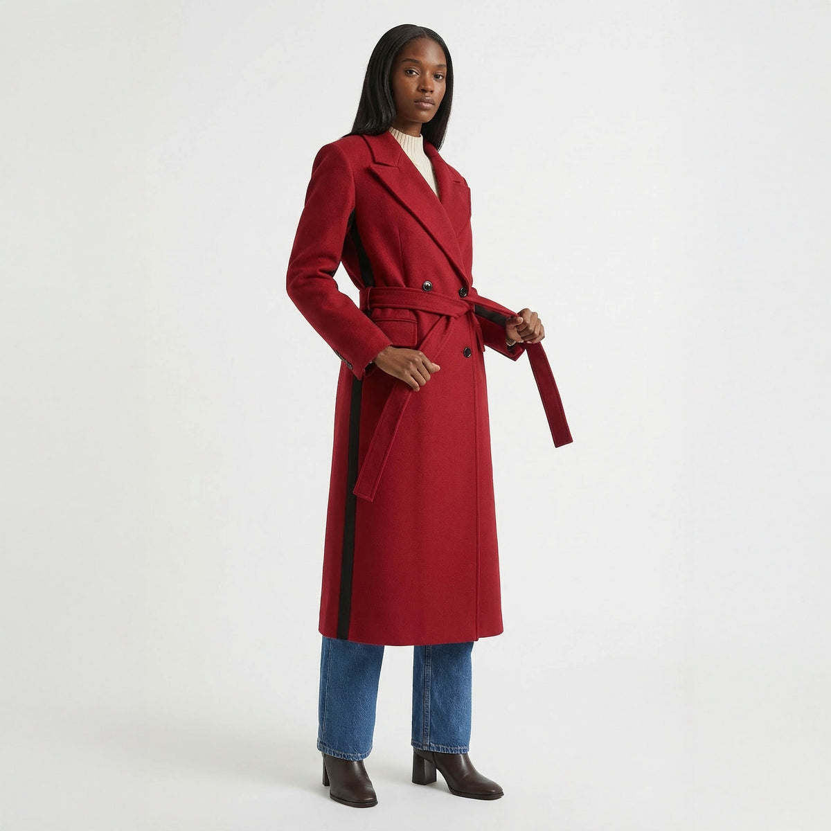Two-Tone Red Wrap Coat with Black Contrast Side Panels
