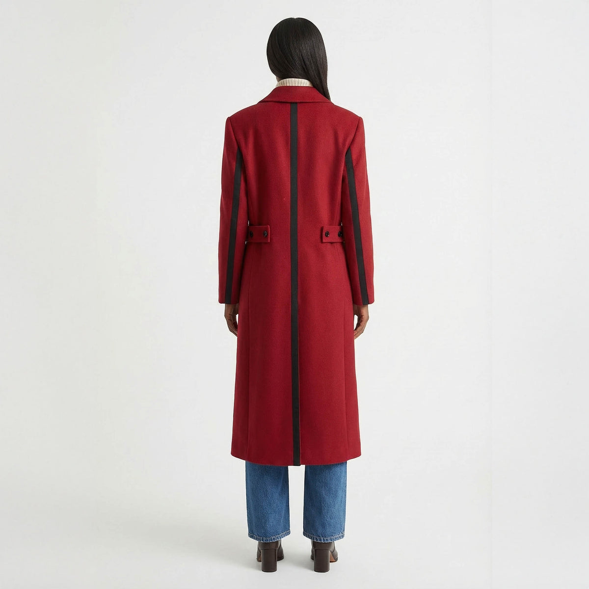 Two-Tone Red Wrap Coat with Black Contrast Side Panels