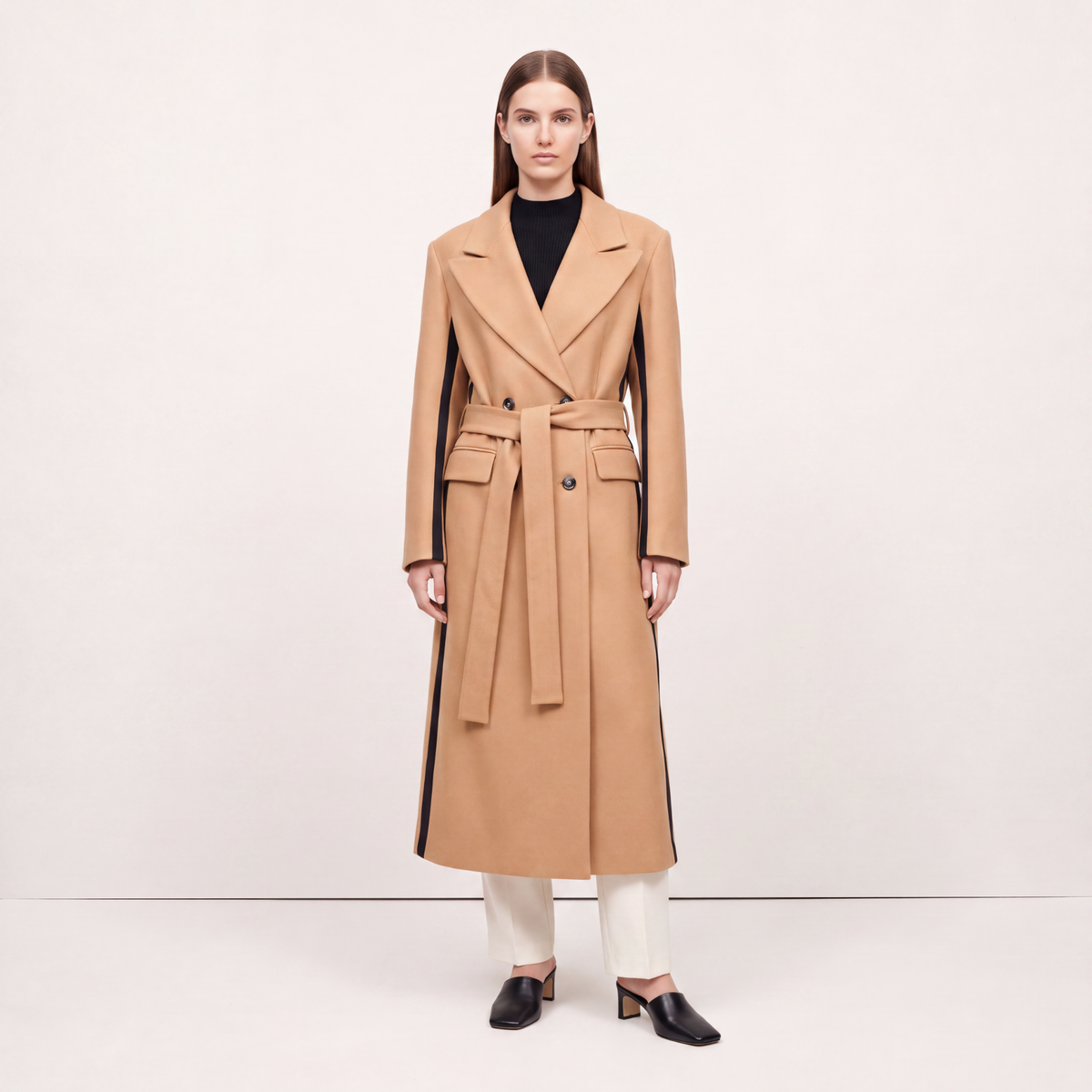 Two-Tone Camel Statement Wrap Coat with Black Contrast Panels