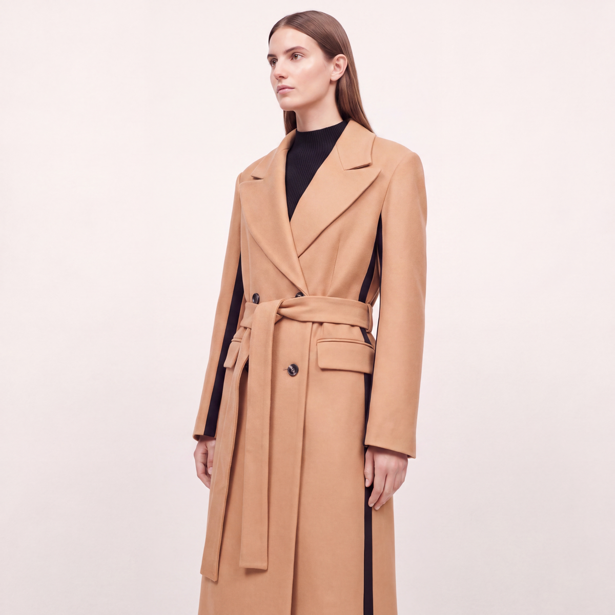 Two-Tone Camel Statement Wrap Coat with Black Contrast Panels