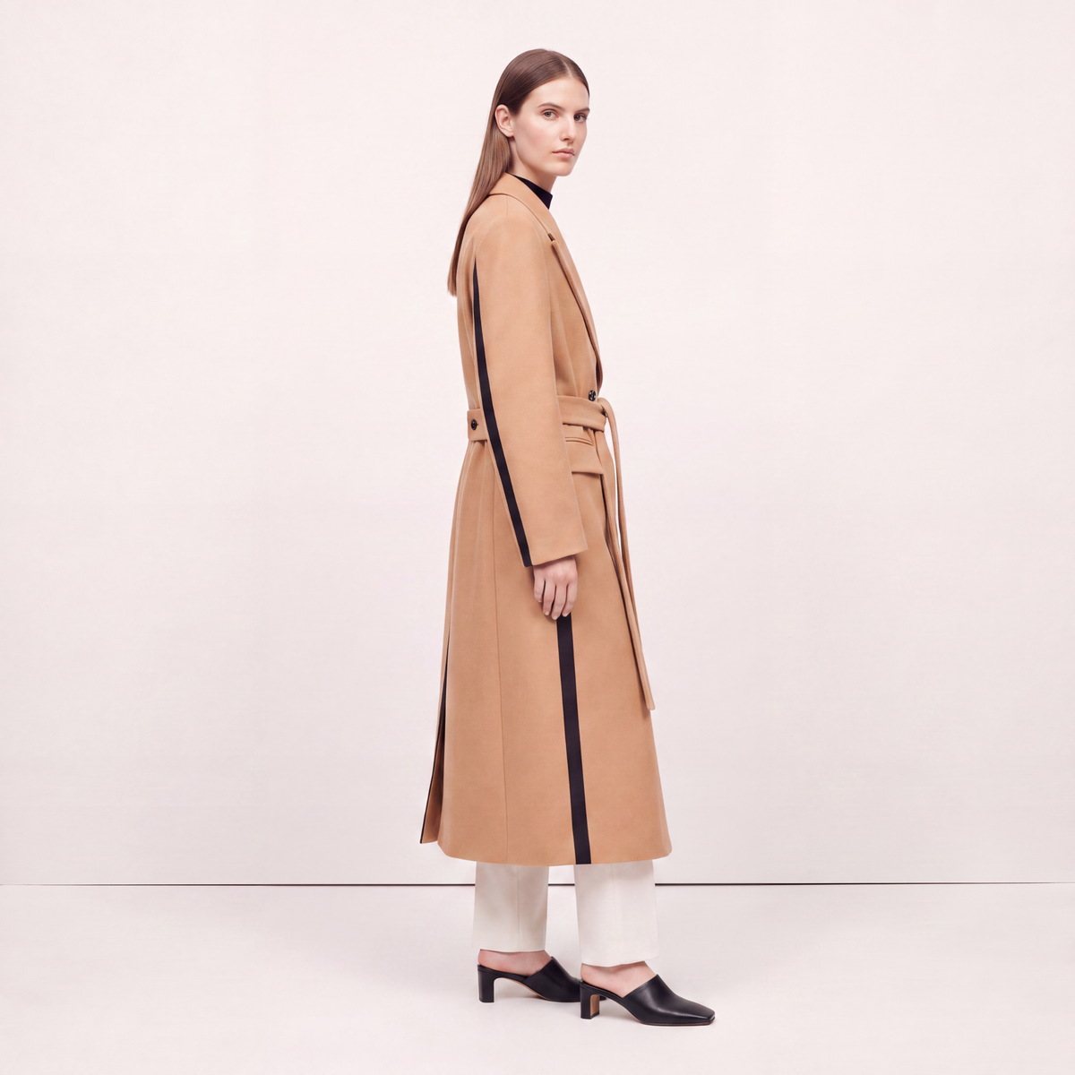 Two-Tone Camel Statement Wrap Coat with Black Contrast Panels