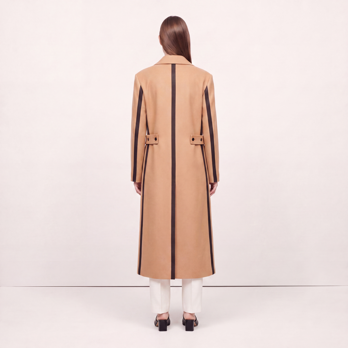 Two-Tone Camel Statement Wrap Coat with Black Contrast Panels