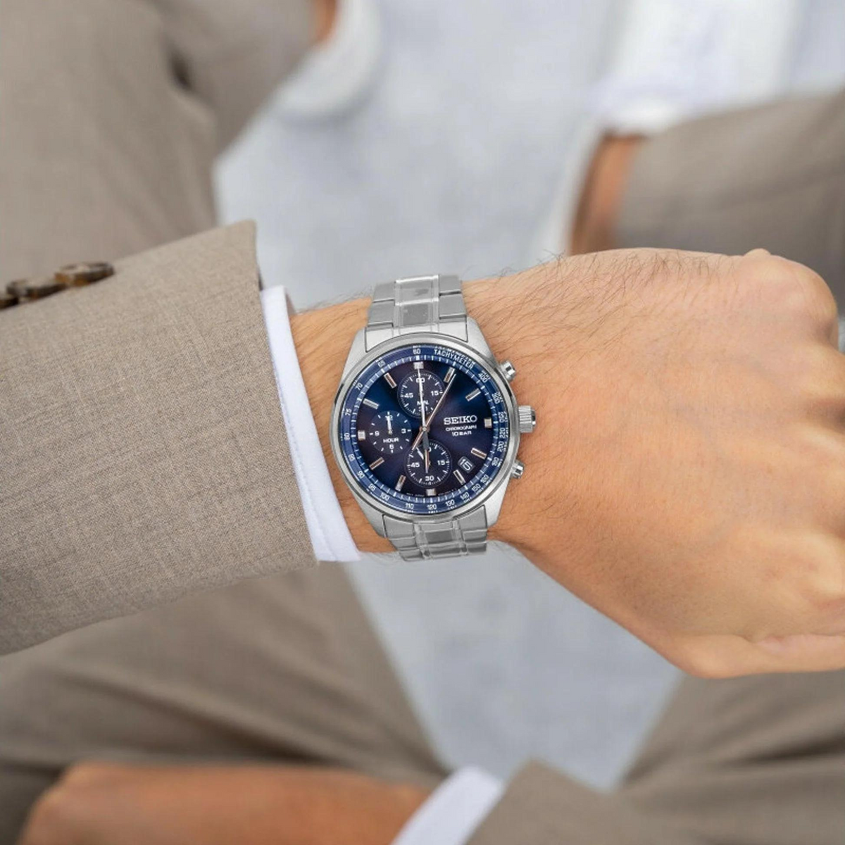 Seiko Essentials 41.5mm Chronograph Blue Dial Steel Men's Quartz Wristwatch SSB377P1
