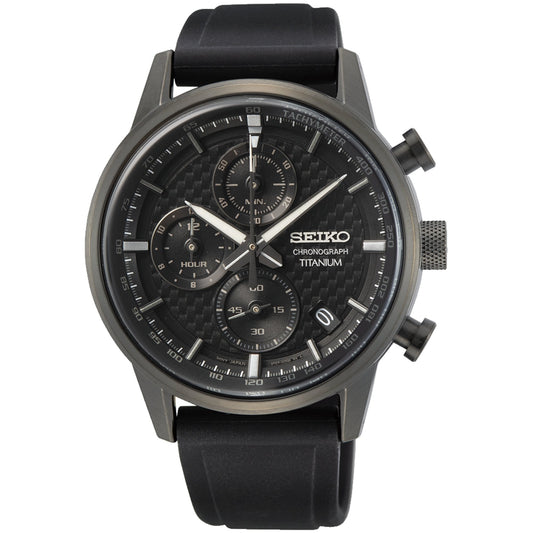 Seiko Essentials 42mm Titanium Chronograph Black Dial Silicone Mens Quartz Wristwatch SSB393P1