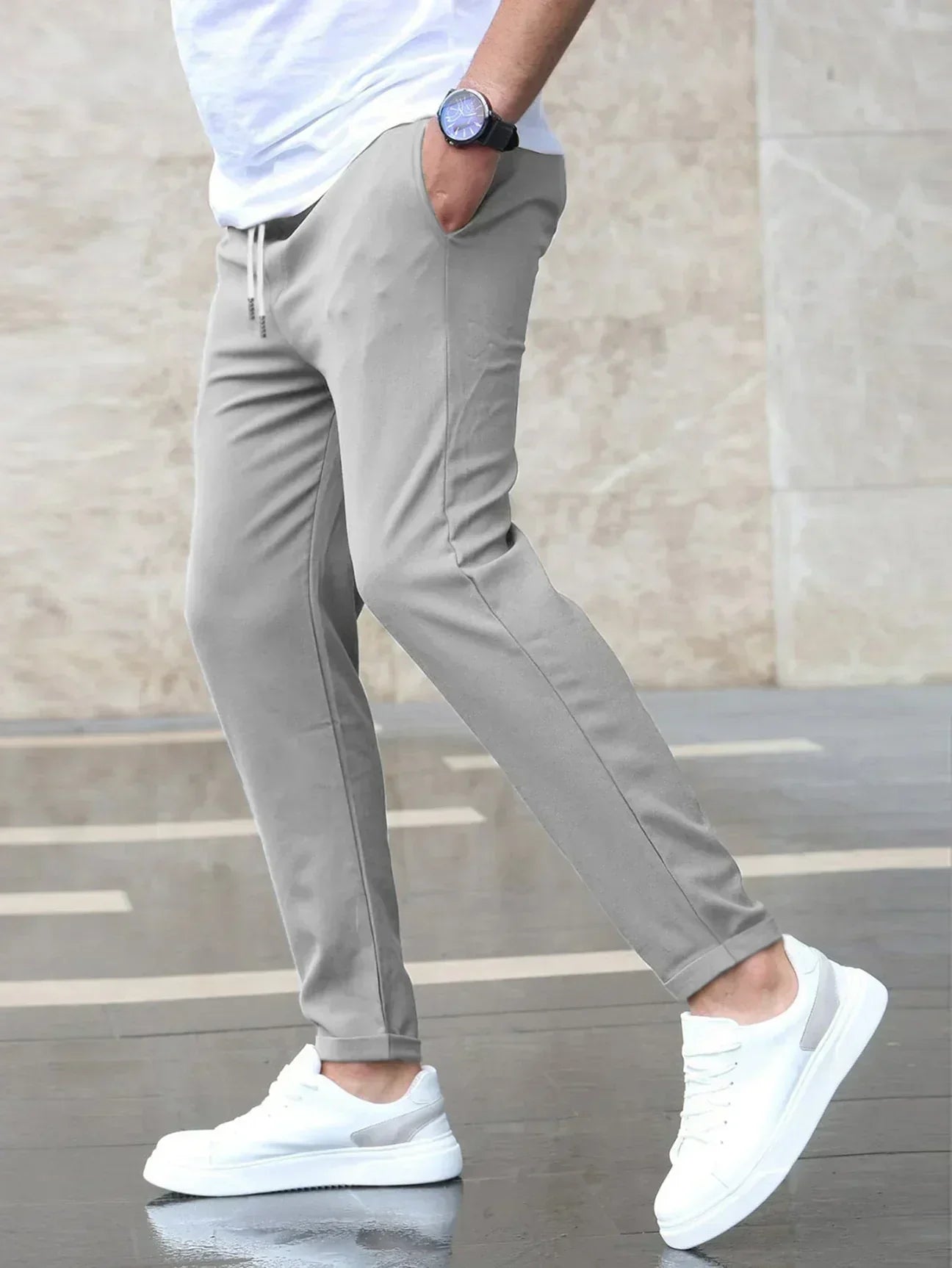 Optew Men Everyday Slim Fit Trousers Drawstring Waist