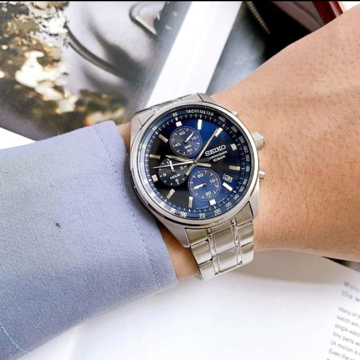 Seiko Essentials 41.5mm Chronograph Blue Dial Steel Men's Quartz Wristwatch SSB377P1