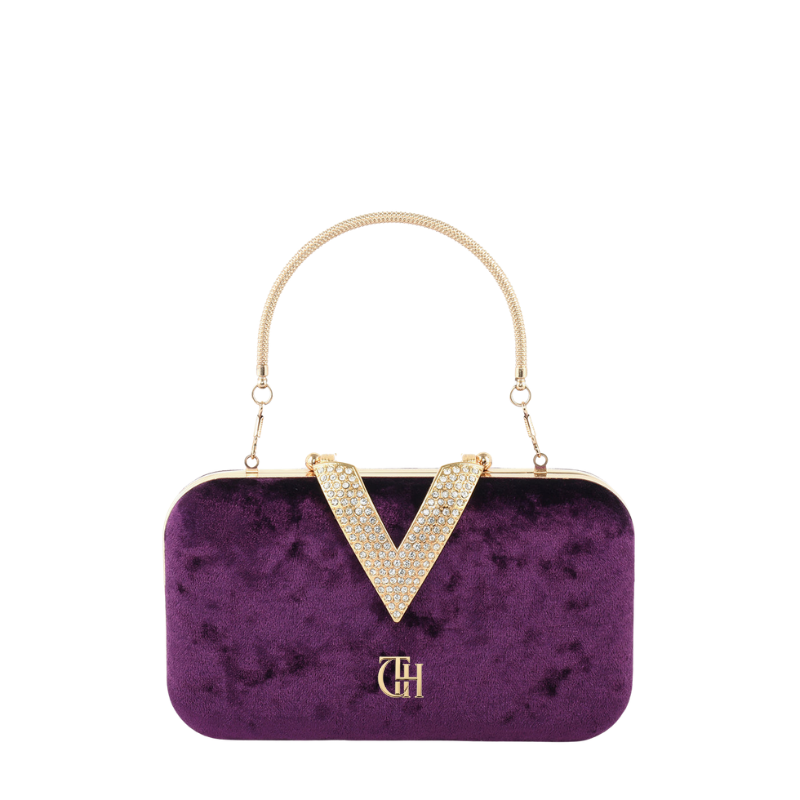 Women's Velour V Glam Purple Evening Clutch with Crystal Detail