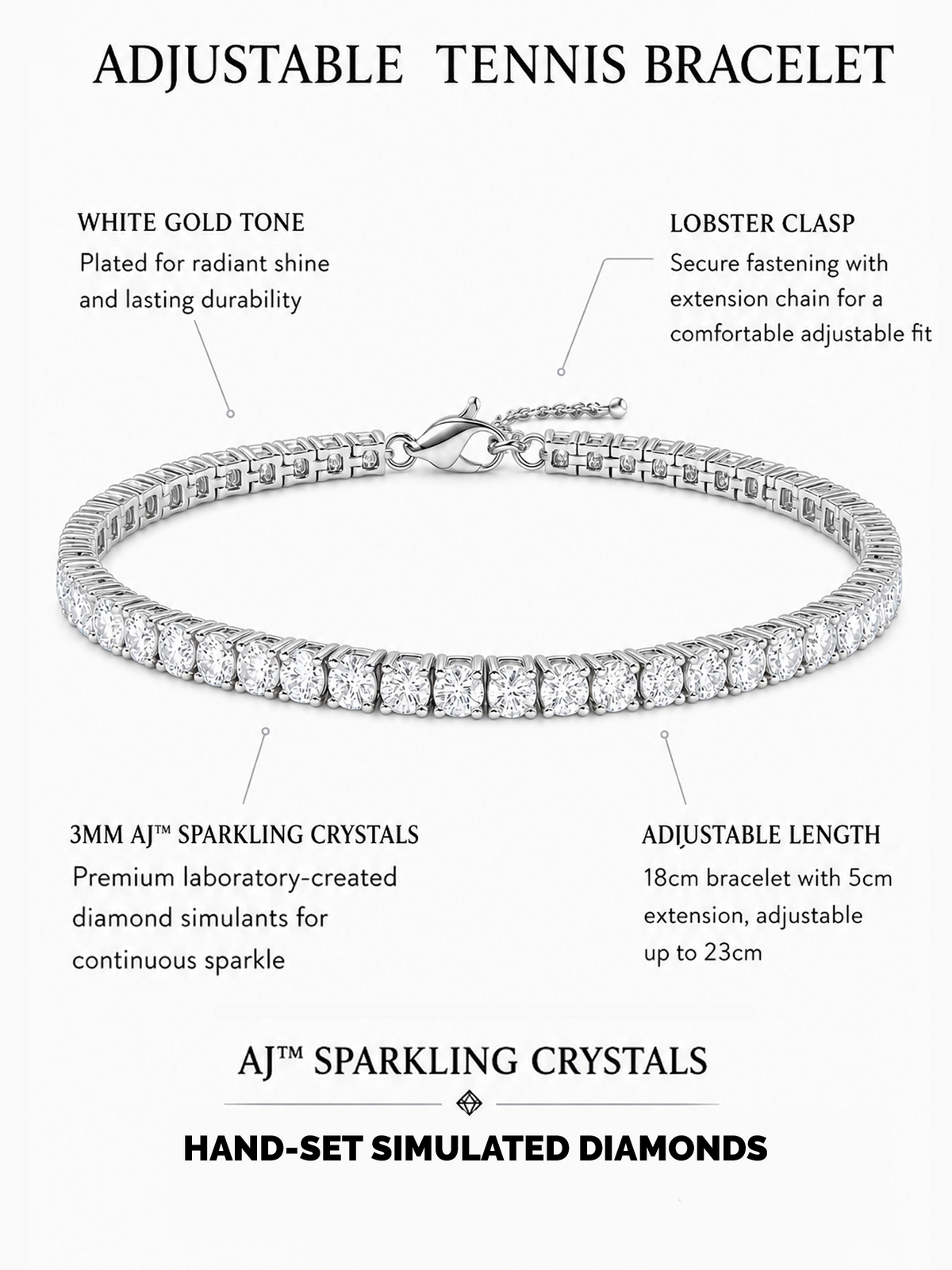 18K White Gold Plated Adjustable Tennis Bracelet