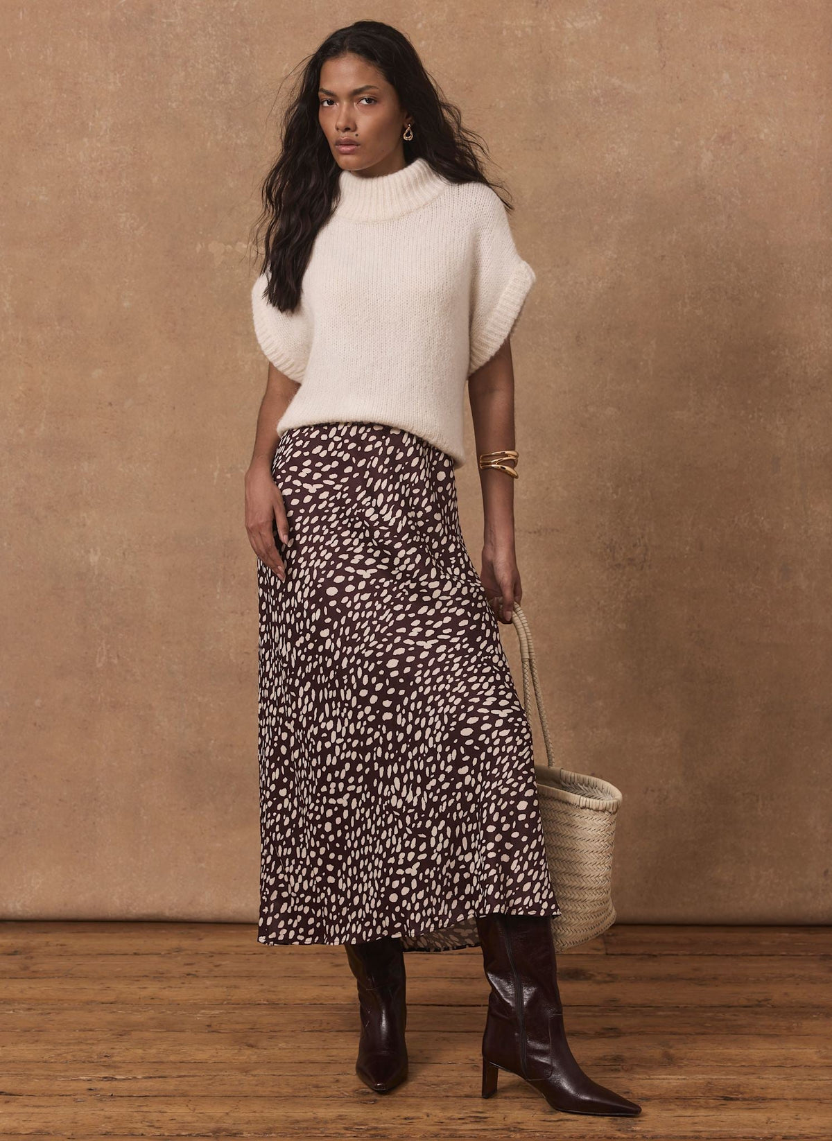 Burgundy Satin Midi Slip Skirt in Animal Print