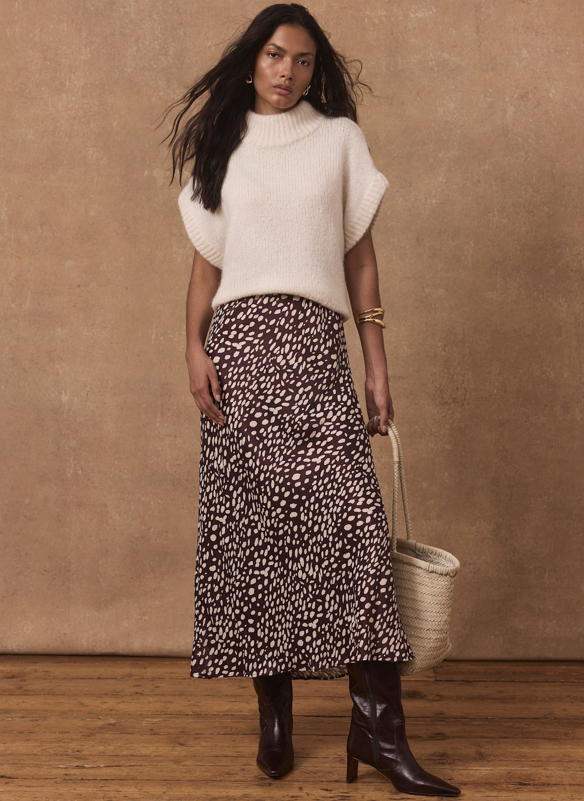 Burgundy Satin Midi Slip Skirt in Animal Print