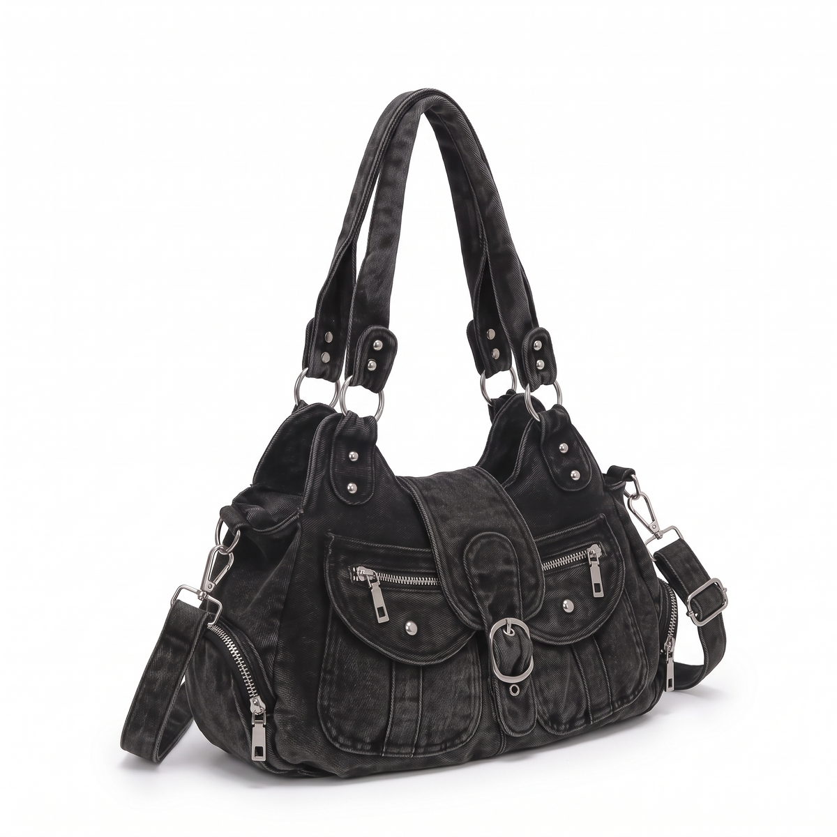 Washed Denim Shoulder Bag for Women, Washed Black Y2K Studded Moto Bag