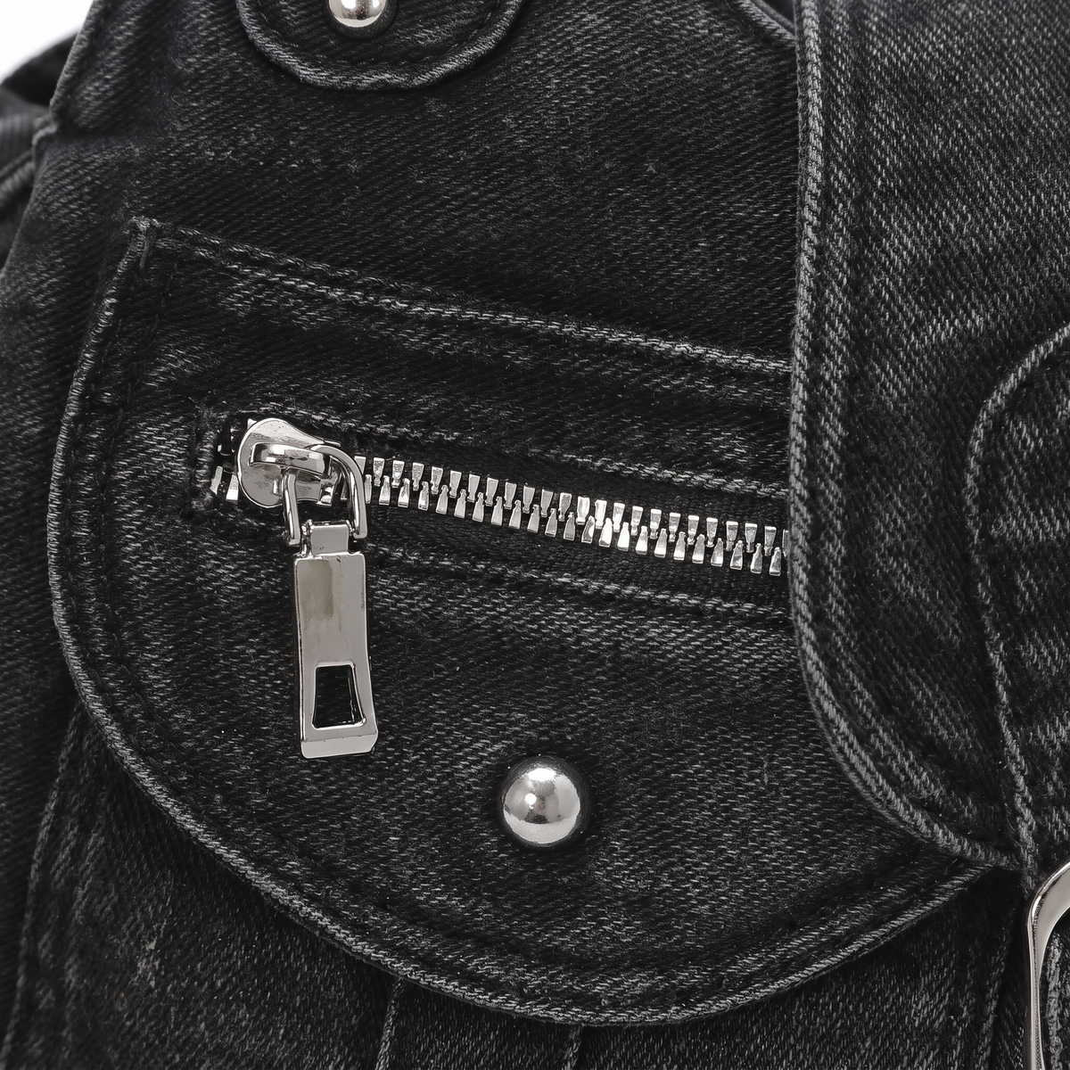 Washed Denim Shoulder Bag for Women, Washed Black Y2K Studded Moto Bag