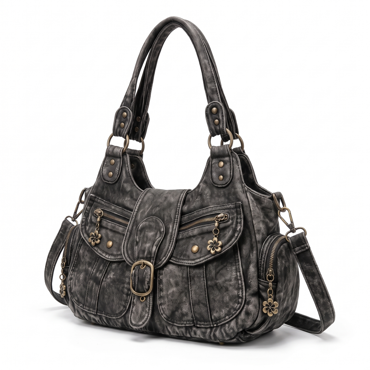 Distressed Denim Shoulder Bag for Women, Black Y2K Buckle Moto Bag