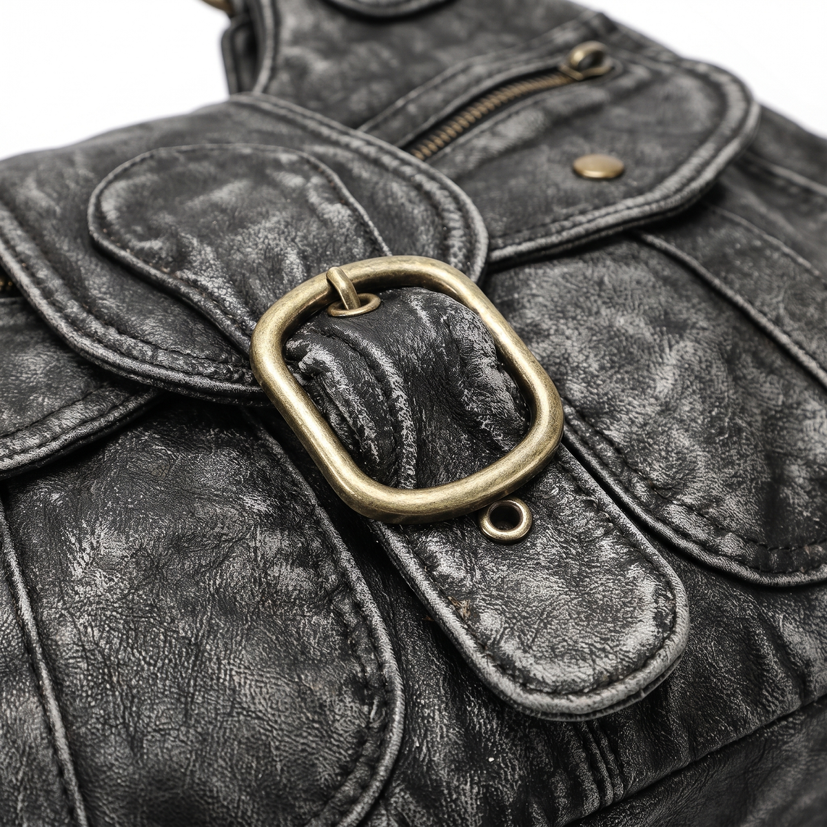 Distressed Denim Shoulder Bag for Women, Black Y2K Buckle Moto Bag