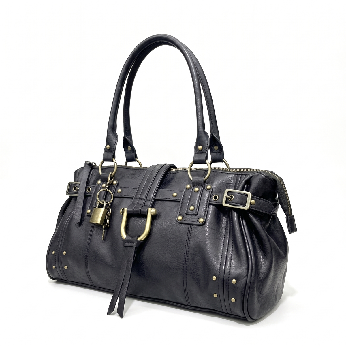 Faux Leather Padlock Bowling Bag for Women, Black Y2K Belted Handbag