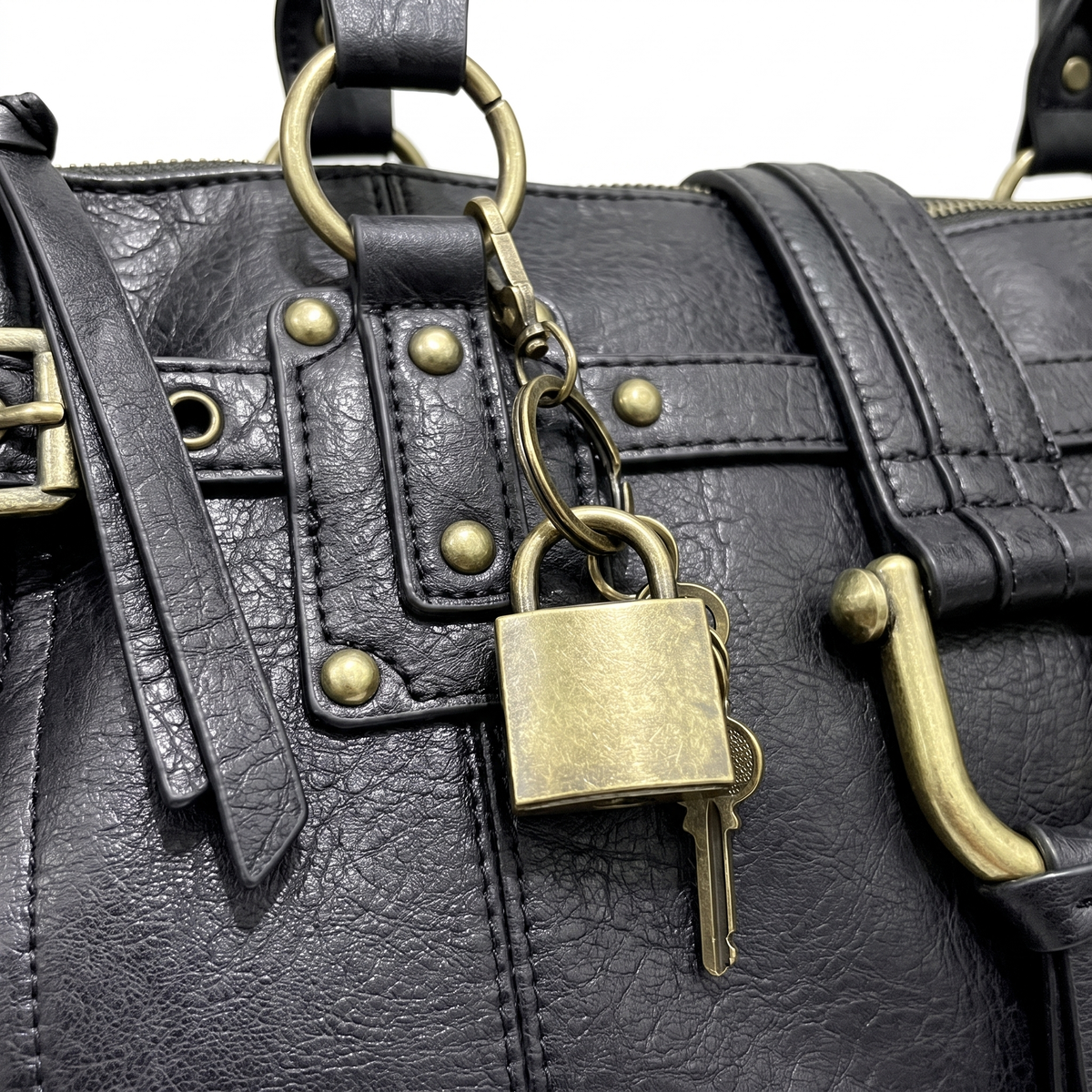 Faux Leather Padlock Bowling Bag for Women, Black Y2K Belted Handbag