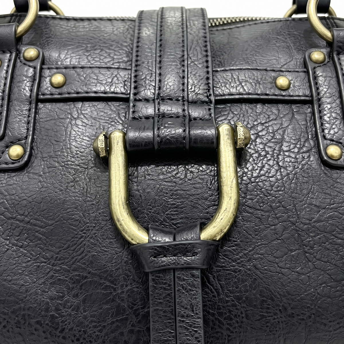 Faux Leather Padlock Bowling Bag for Women, Black Y2K Belted Handbag