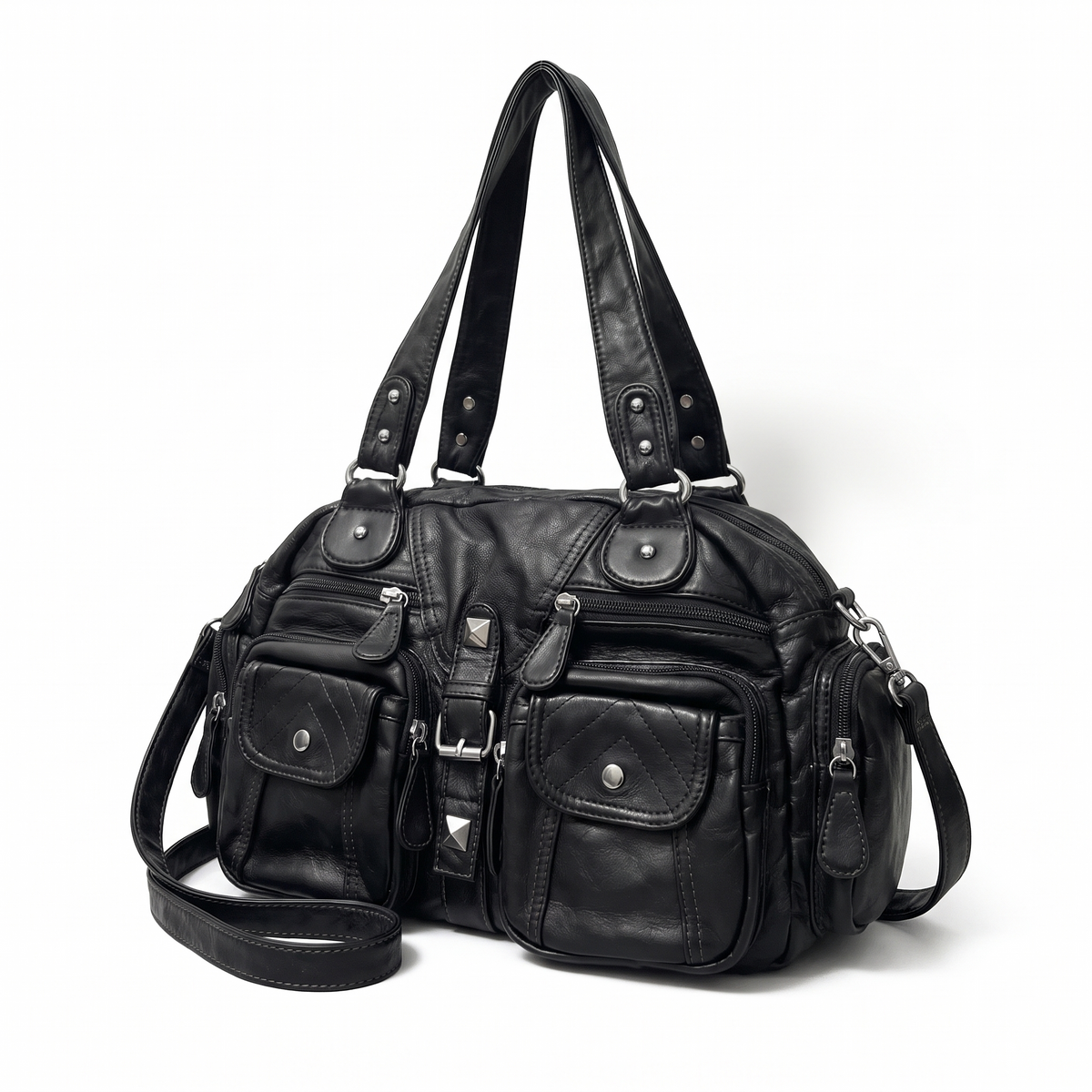 Washed Faux Leather Pocket Shoulder Bag for Women, Black Y2K Studded Bag