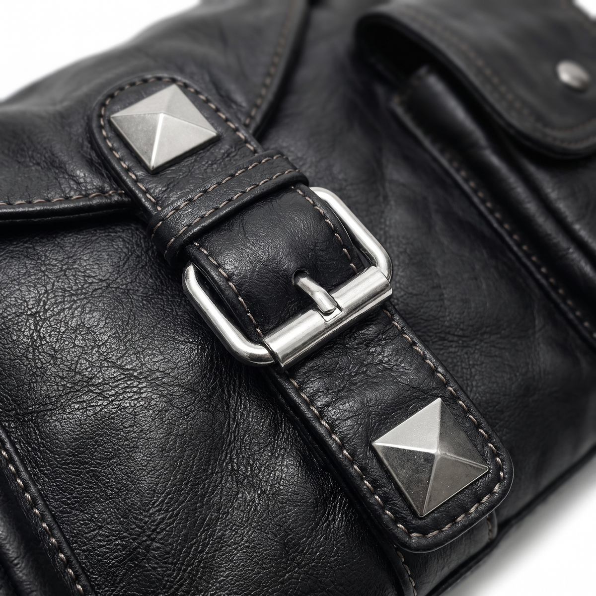 Washed Faux Leather Pocket Shoulder Bag for Women, Black Y2K Studded Bag