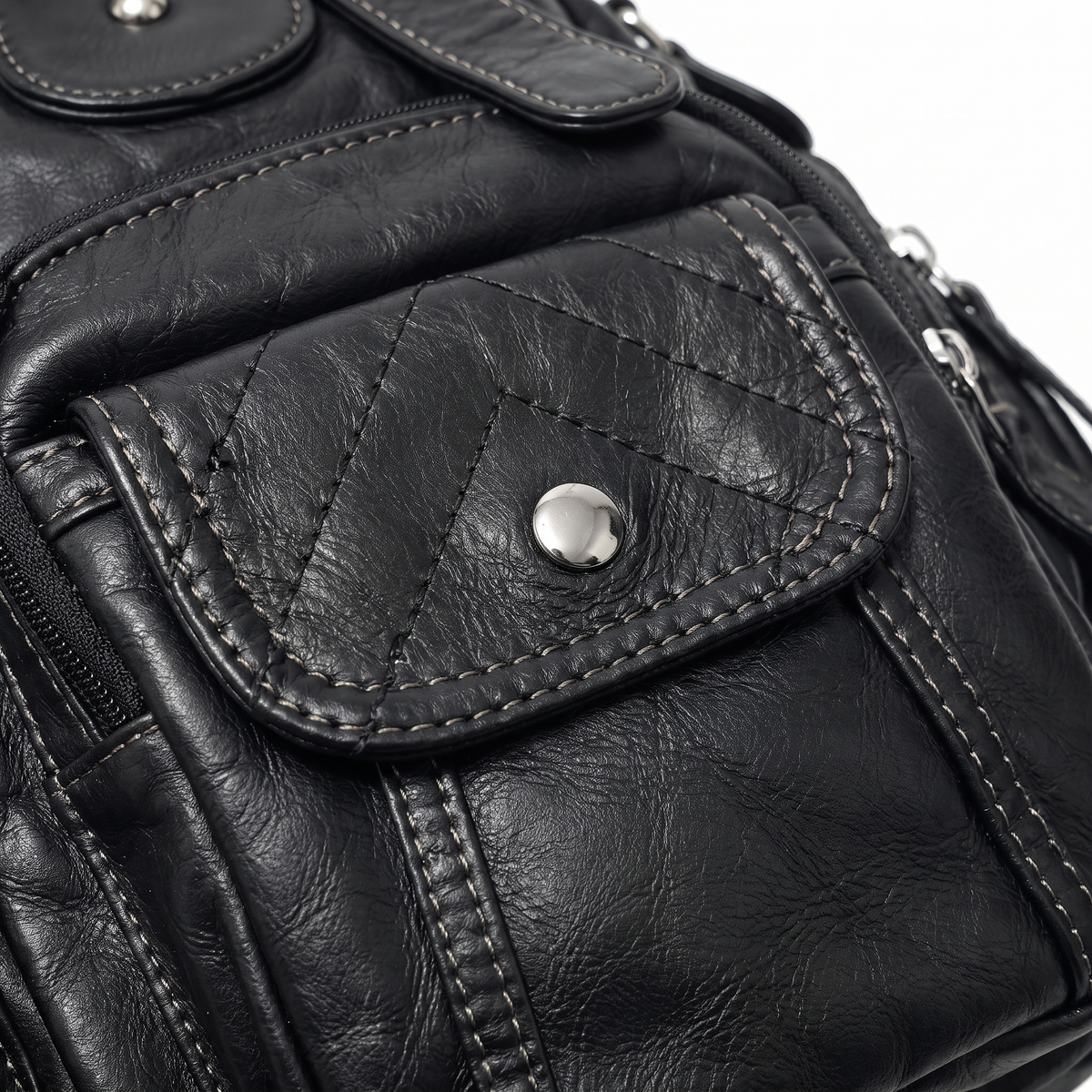 Washed Faux Leather Pocket Shoulder Bag for Women, Black Y2K Studded Bag