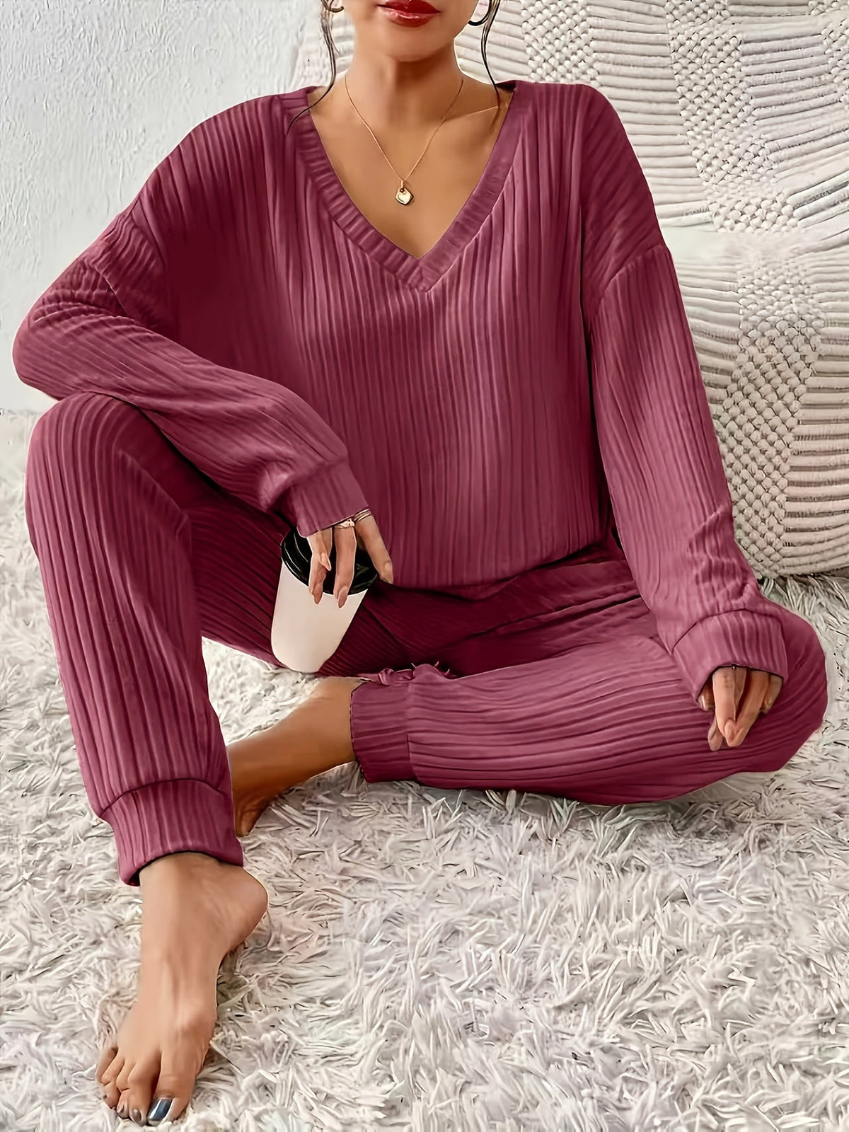 Optew Women's Lounge Set – V-Neck Long-Sleeve Knitted Two Piece