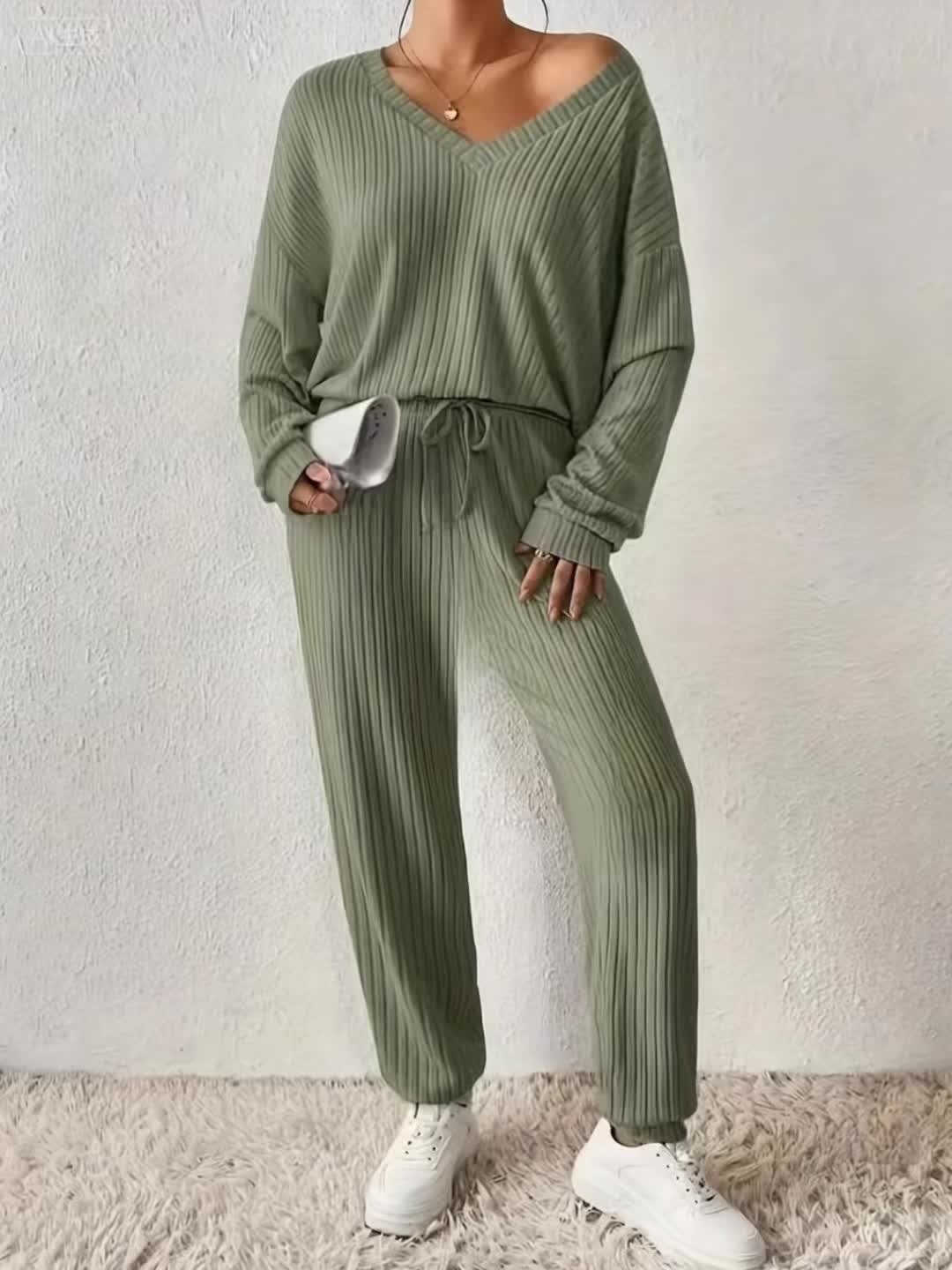 Optew Women's Lounge Set – V-Neck Long-Sleeve Knitted Two Piece