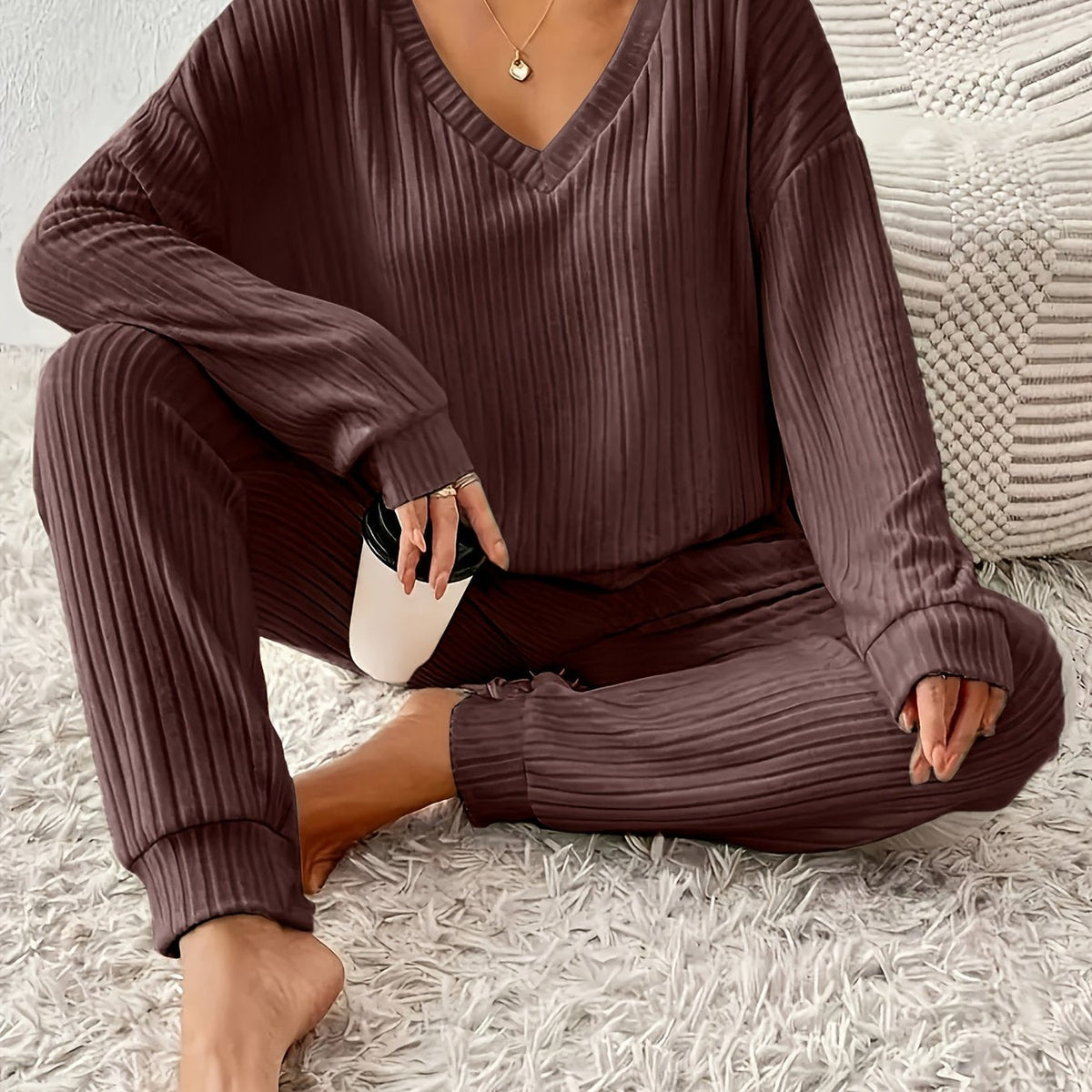 Optew Women's Lounge Set – V-Neck Long-Sleeve Knitted Two Piece